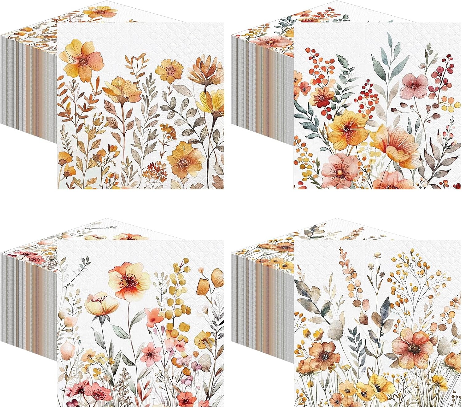 Fulmoon 200 Pieces Autumn Floral Cocktail Napkins Disposable Vintage Flower Decoupage Paper Napkins Wildflower Beverage Towel for Summer Fall Party Favor Supplies