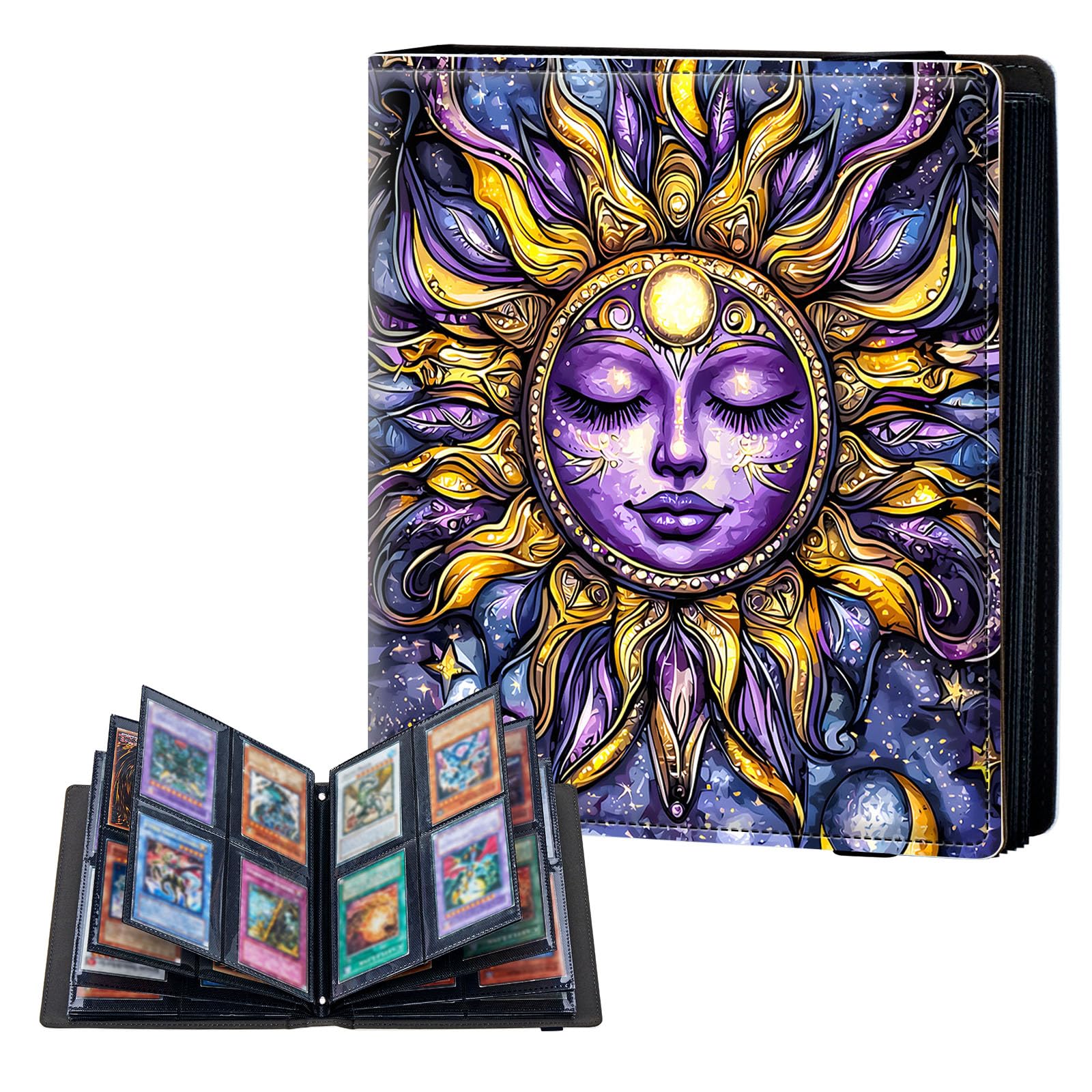 ETLKJVBL 4 Pocket Trading Card Binder, Card Collection Binder for TCG, MTG, Sports Cards, Baseball, Purple and Gold Sun Trading Card Book Holder for Collectors, Top Loader Binder