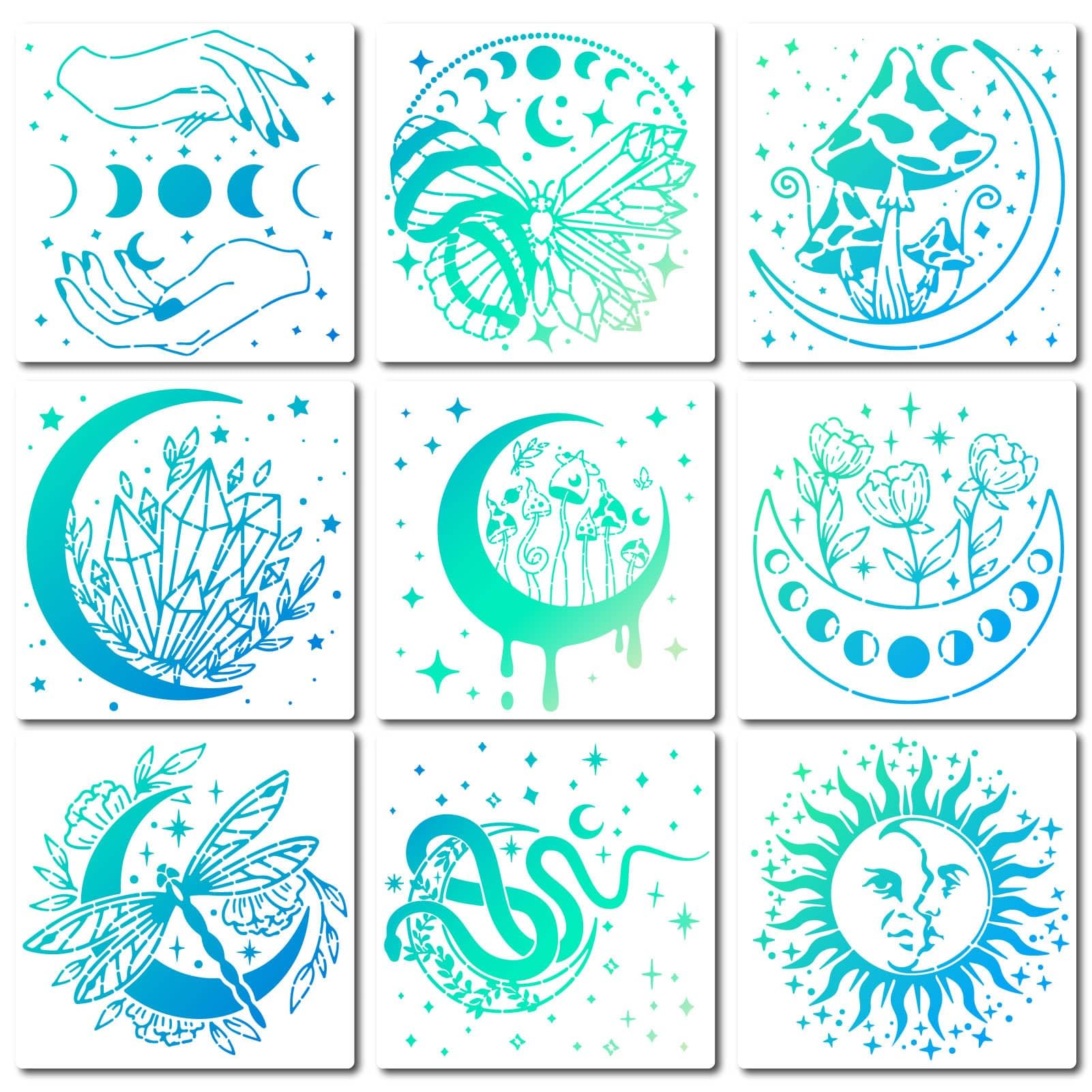 GORGECRAFT 9 Plantilla de Estilo Mixto Sol Luna Y Estrella Plantilla para Plantas Y Mini Animales Pintura de Flores Diamantes Plantillas Cuadradas de Plástico Reutilizables para Pintar Madera