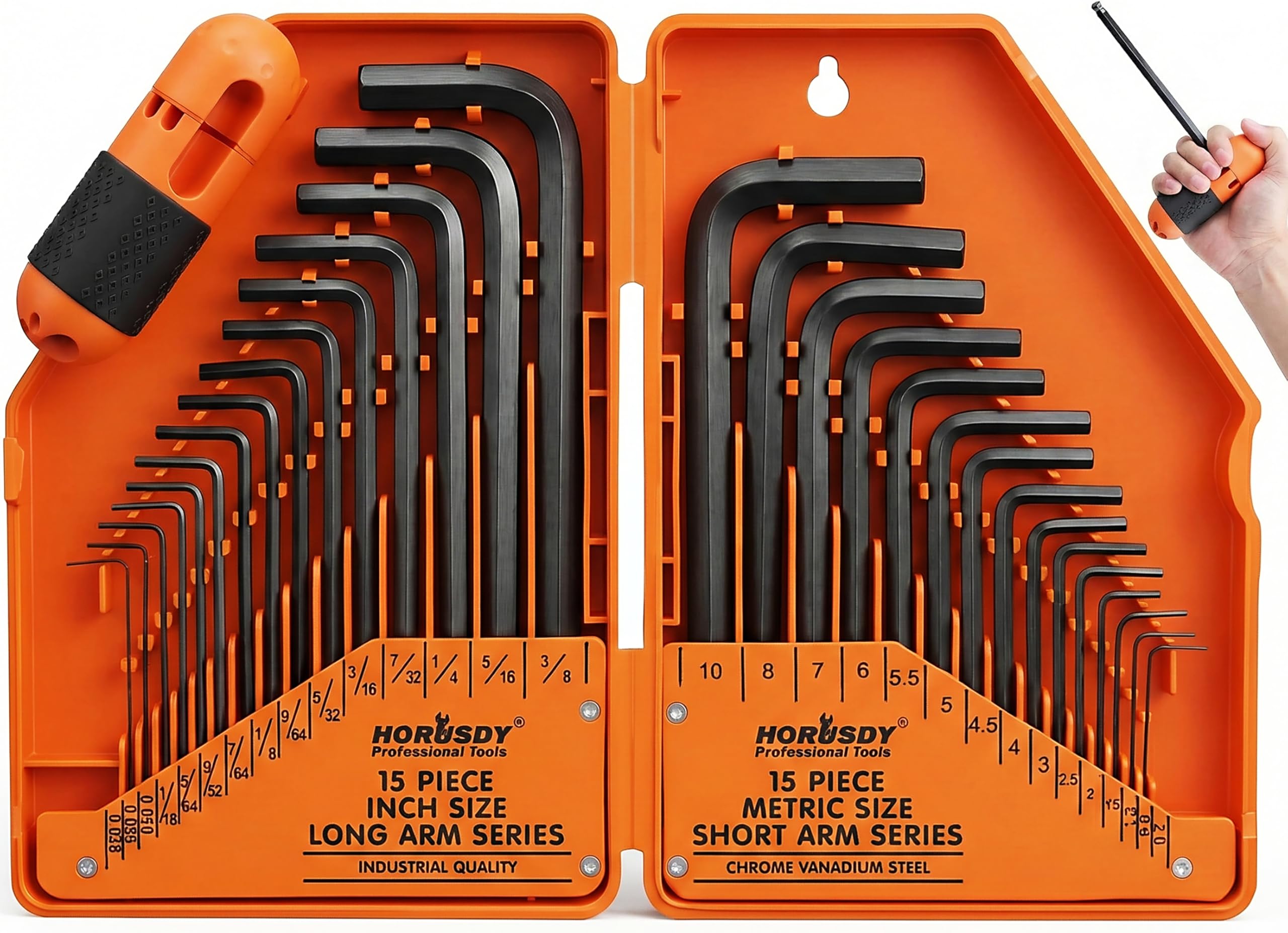HORUSDY 32-Piece Hex Key Set with Another Torque Handle, Allen Wrench Set Inch/Metric MM(0.7mm-10mm) SAE(0.028"-3/8)