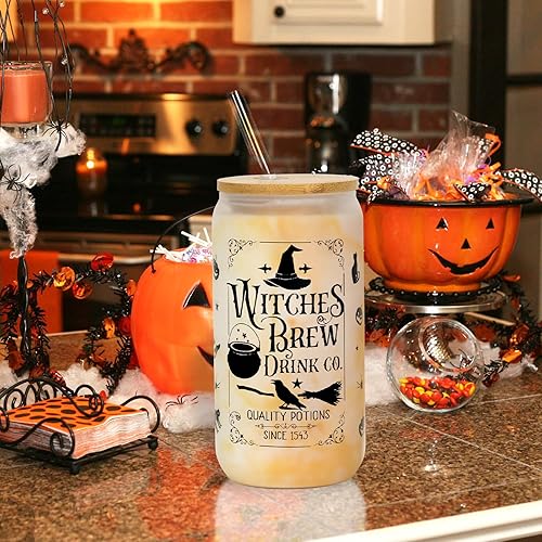 Miniatura 6 de Taza de vidrio de Halloween, vaso de 18 onzas para café helado de bruja esmerilada con tapa y pajita, vaso de cerveza de bruja, decoración de