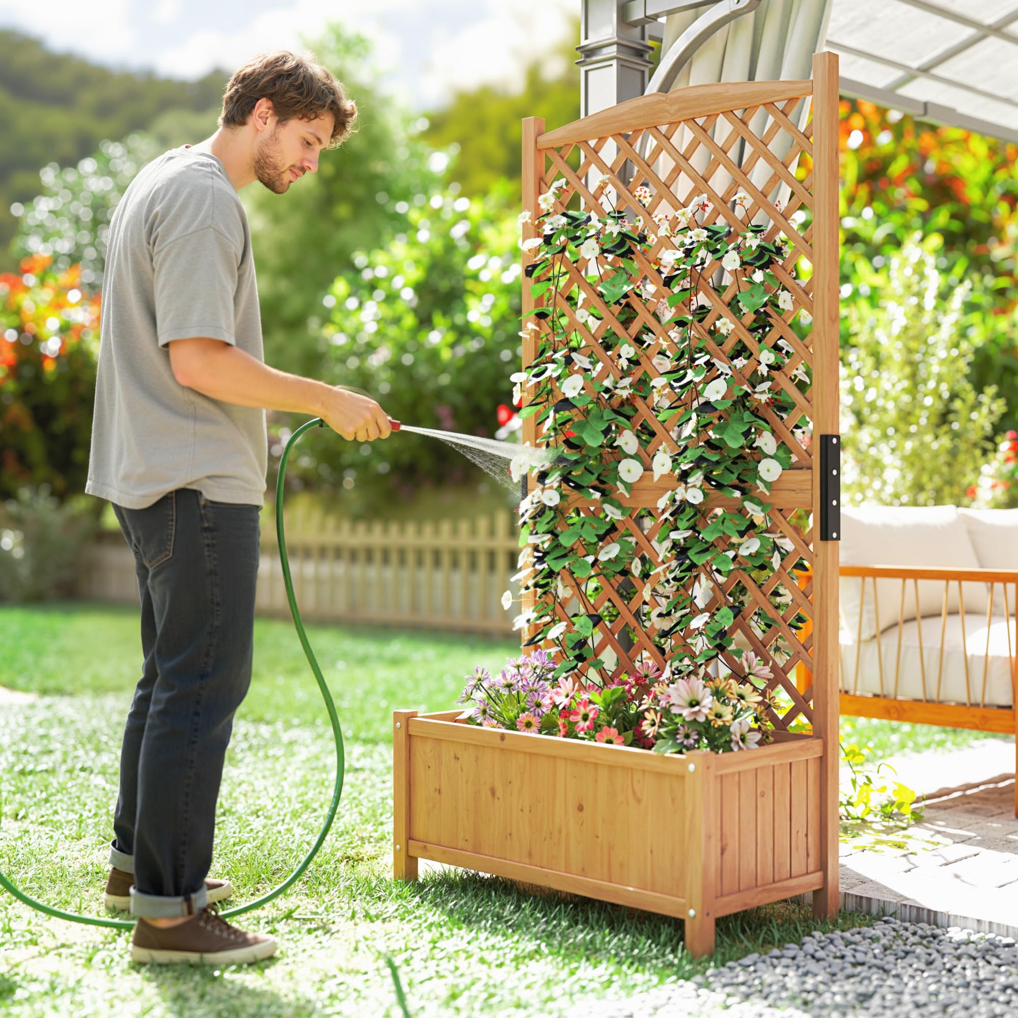 Outsunny Arriate de Jardín con Enrejado Jardinera con Celosía Macetero con Soporte para Trepadora Cultivos Plantas Flores para Exterior Patio Terraza Balcón 90x45x180 cm Natural