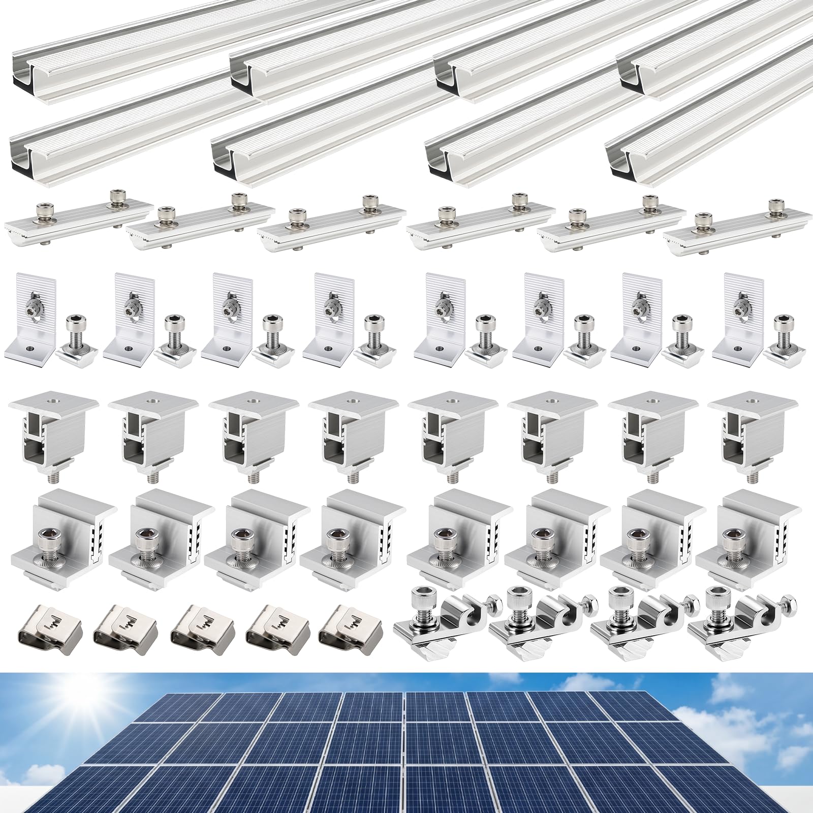 Photo 1 of Mindoub Solar Panel Mounting Rail Kit for 5 x 320W Panels, Includes 8 x 47.2 Aluminum Rails, Adjustable Clamps, L-Brackets & Grounding Lugs, Universal Racking for Metal, Tile, Shingle Roof
