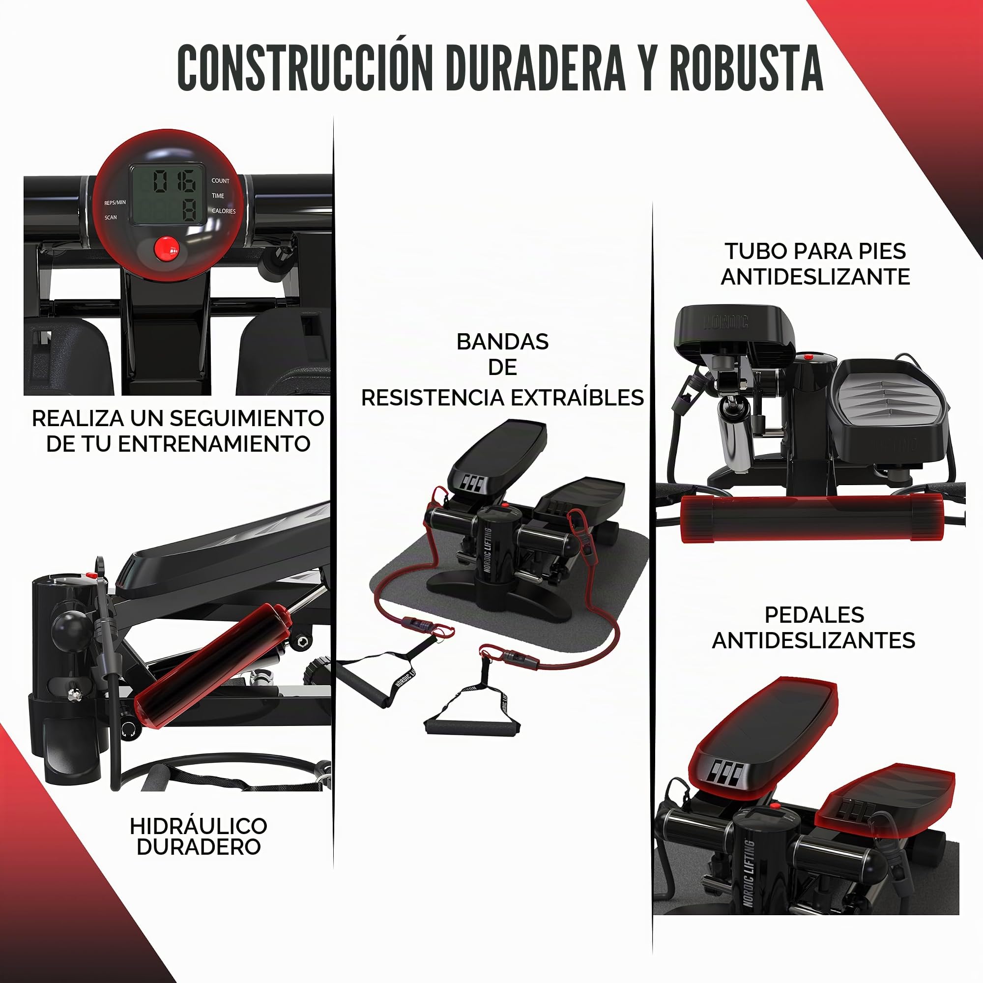 Mini Stepper y Máquina de Escalada Nordic Lifting – con Bandas de Resistencia y Pedales Antideslizantes – Estructura Resistente con Capacidad de Carga de 150 kg – Pantalla LCD