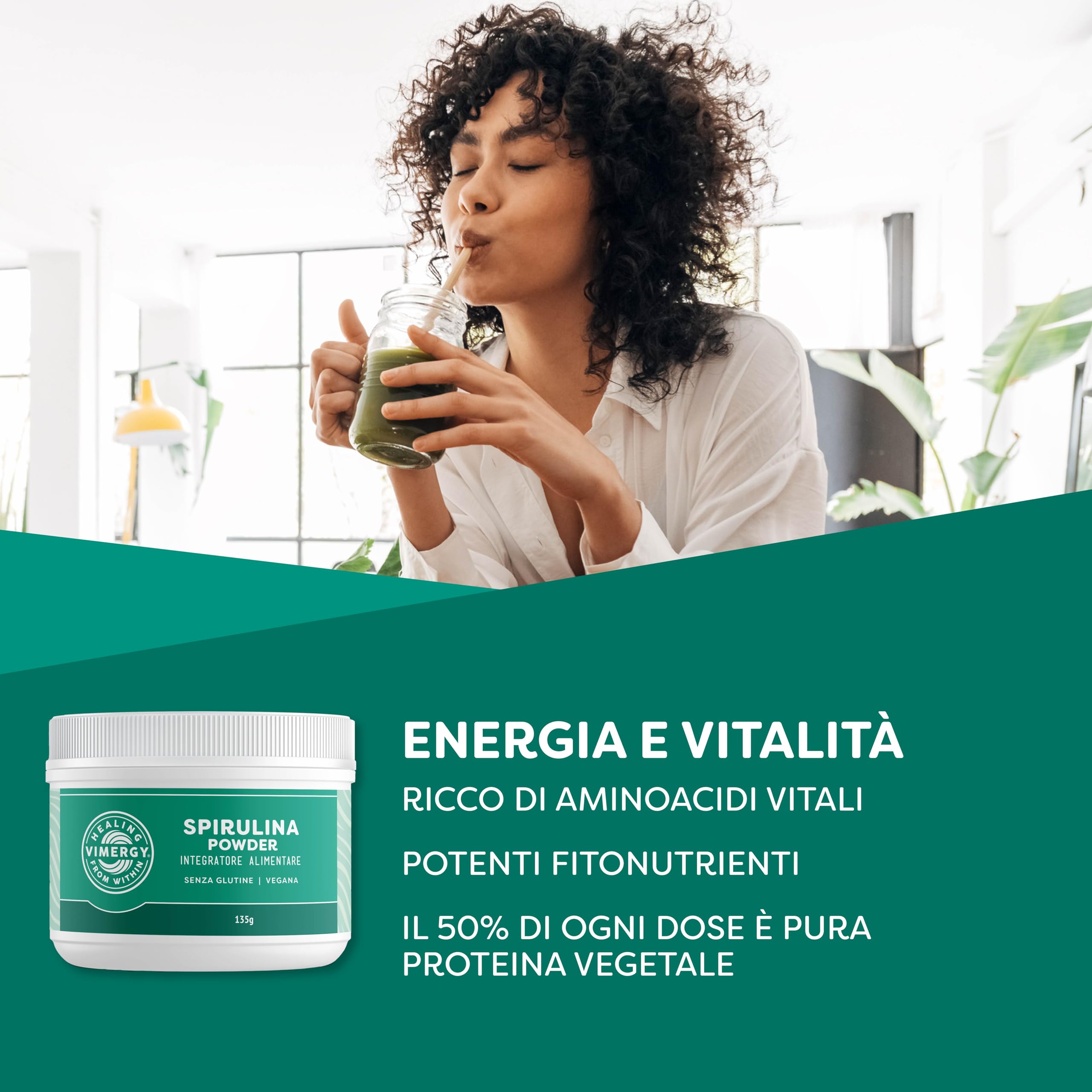 Vimergy Spirulina Powder, 45 Dosi – Spirulina Polvere a Rapido Assorbimento – Integratore Vegano – Senza Antiagglomeranti, Riempitivi, Aromi o Zucchero - Senza OGM e Senza Glutine (135 g)