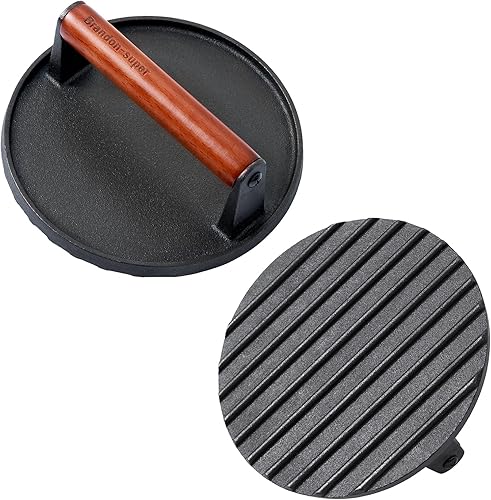Brandon-super Prensa de hamburguesa de hierro fundido resistente Prensa de grado alimenticio para marcas perfectas de parrilla, mango de madera que