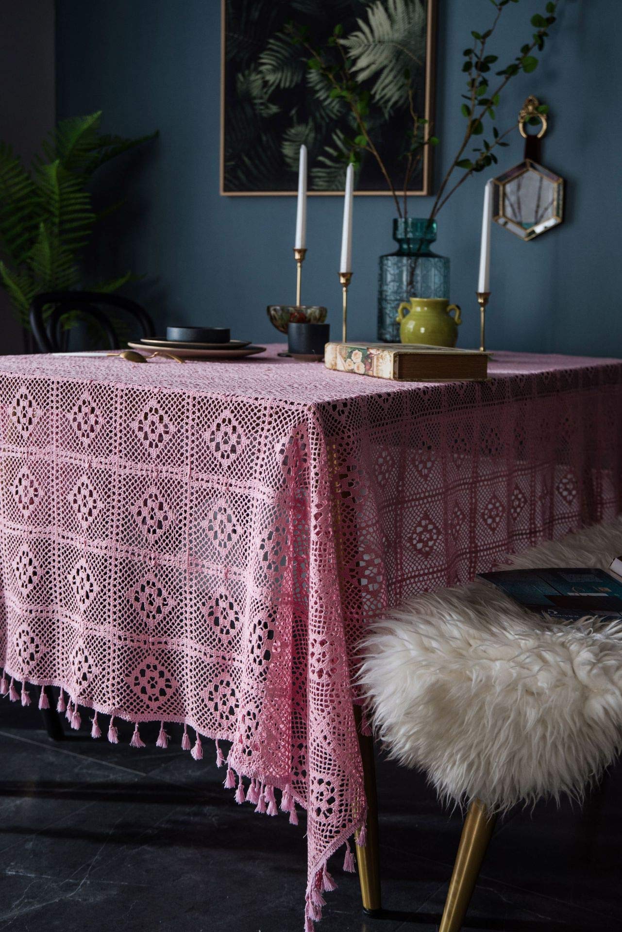 Nappe Table 140x220 cm en Coton, Rose, Nappe Rectangulaire Motif Carreaux Ajouré Style Américain, Toile de Fond Décoration