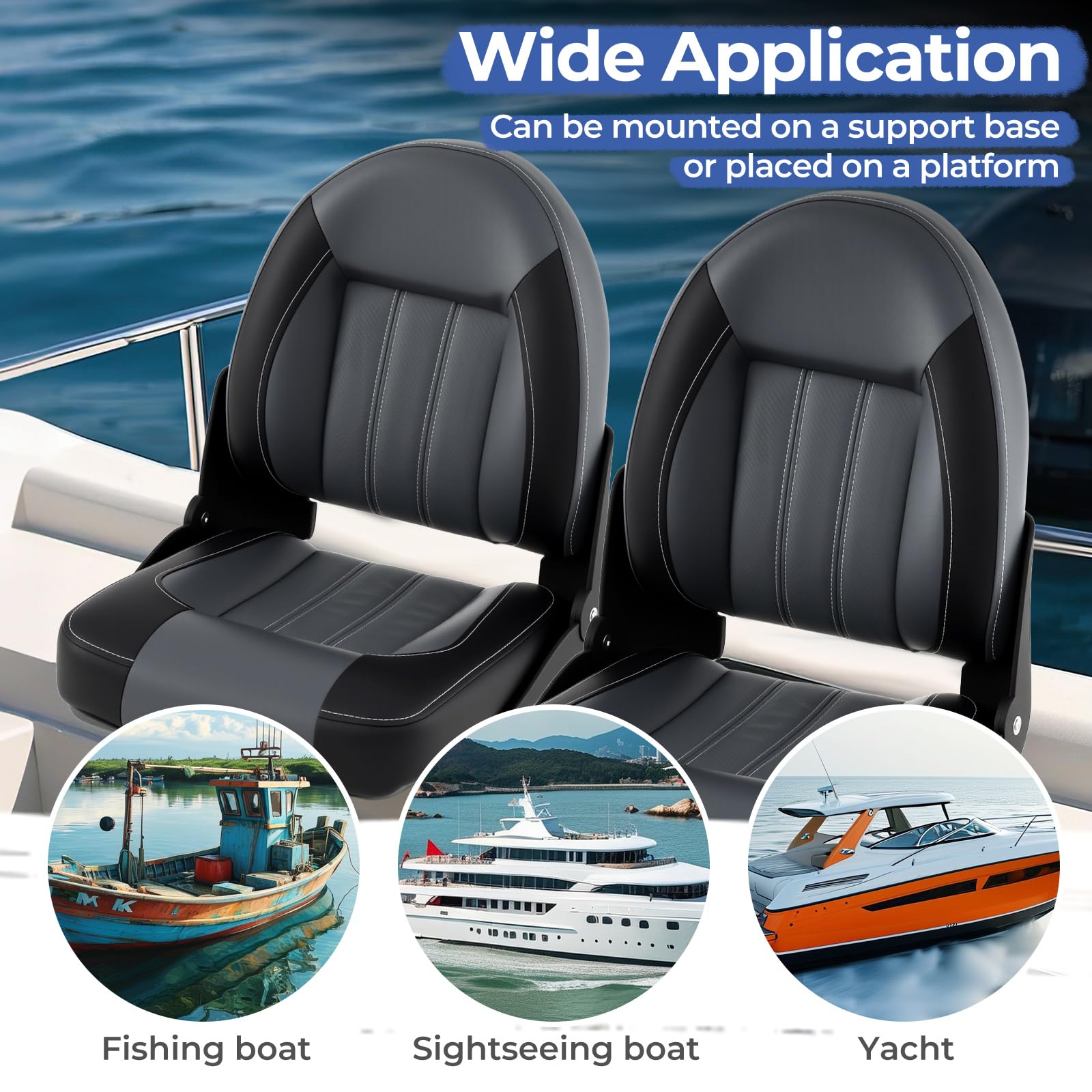 Homasis Juego de 2 Asientos Plegables para Barco, Acolchadas, Grueso, Silla deYate Ergonómico Impermeable con Respaldo Y Marco de Metal, Control para Barcos, hasta 113/150 Kg (Negro)