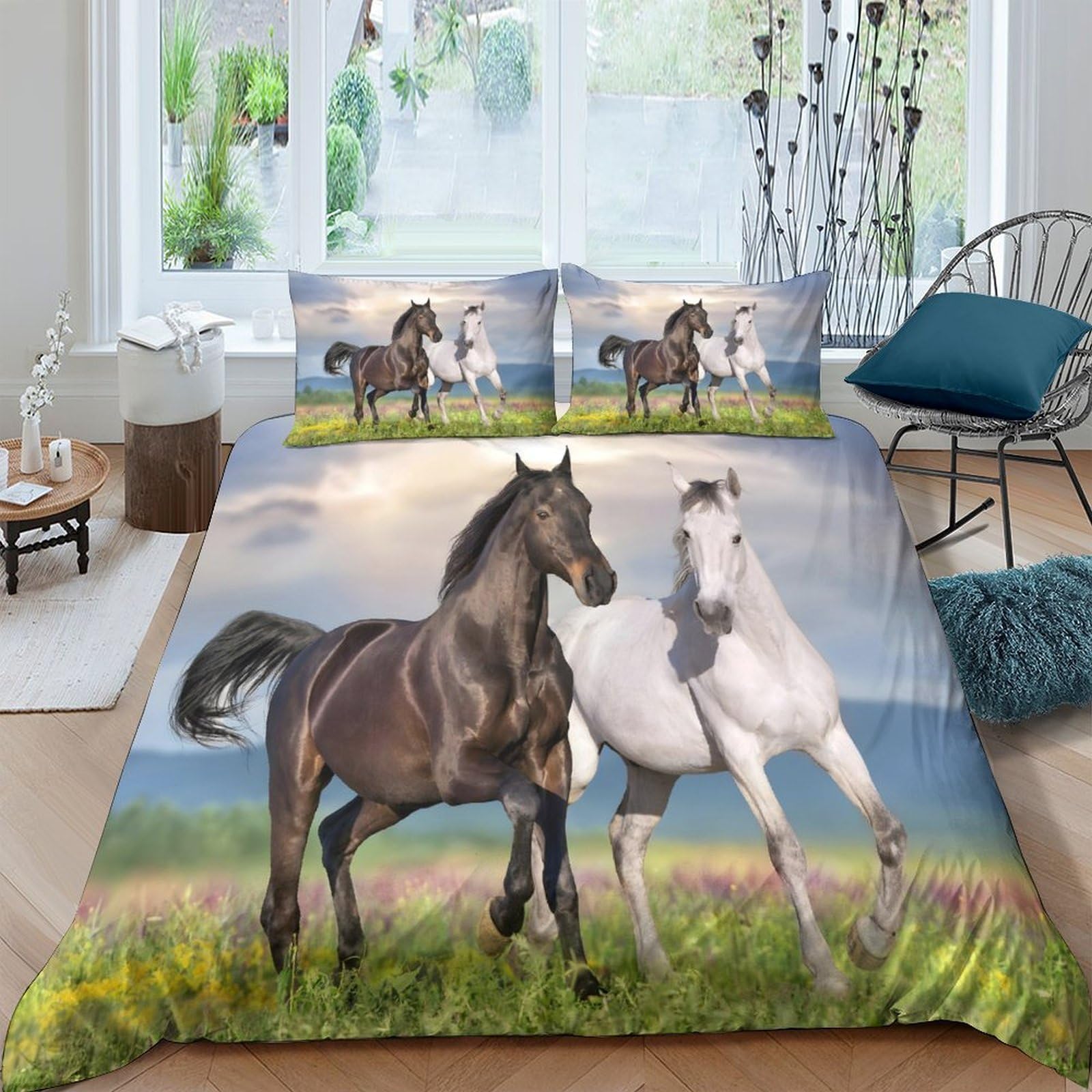 Ctjqhvkz Style-5 3D Printed Black Horse Fitted Sheet Microfiber Soft White Stallion Bed Cover For Bedroom Decor Mattress Protection Single（135X200cm）