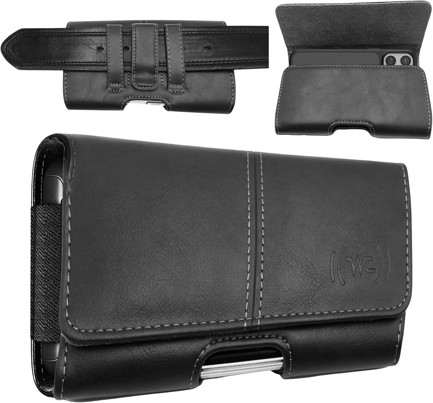 Wireless City Leather Phone Holster for iPhone 17/17 Pro 16/16 Pro/16e 15/15 Pro 14/14 Pro 13/13 Pro 12/12 Pro 11 XR Horizontal Belt Clip & Loop Phone Pouch Magnetic Closure Phone Holder for Men Black