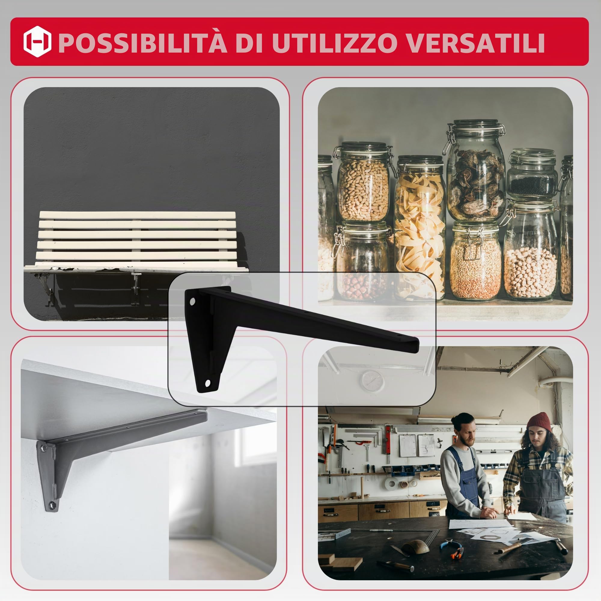 Gedotec Mensola per carichi pesanti in acciaio massiccio | Portata: 150 kg per coppia | Lunghezza: 480 mm | 2 staffe reggimensola | staffa MIRA | grigio primerizzato | mensole robuste