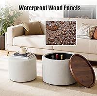 Vista 3 de Furniliving Juego de 2 otomanas de almacenamiento, otomanas redondas de lino de lujo con bandeja de madera, mesa de centro estética con taburete