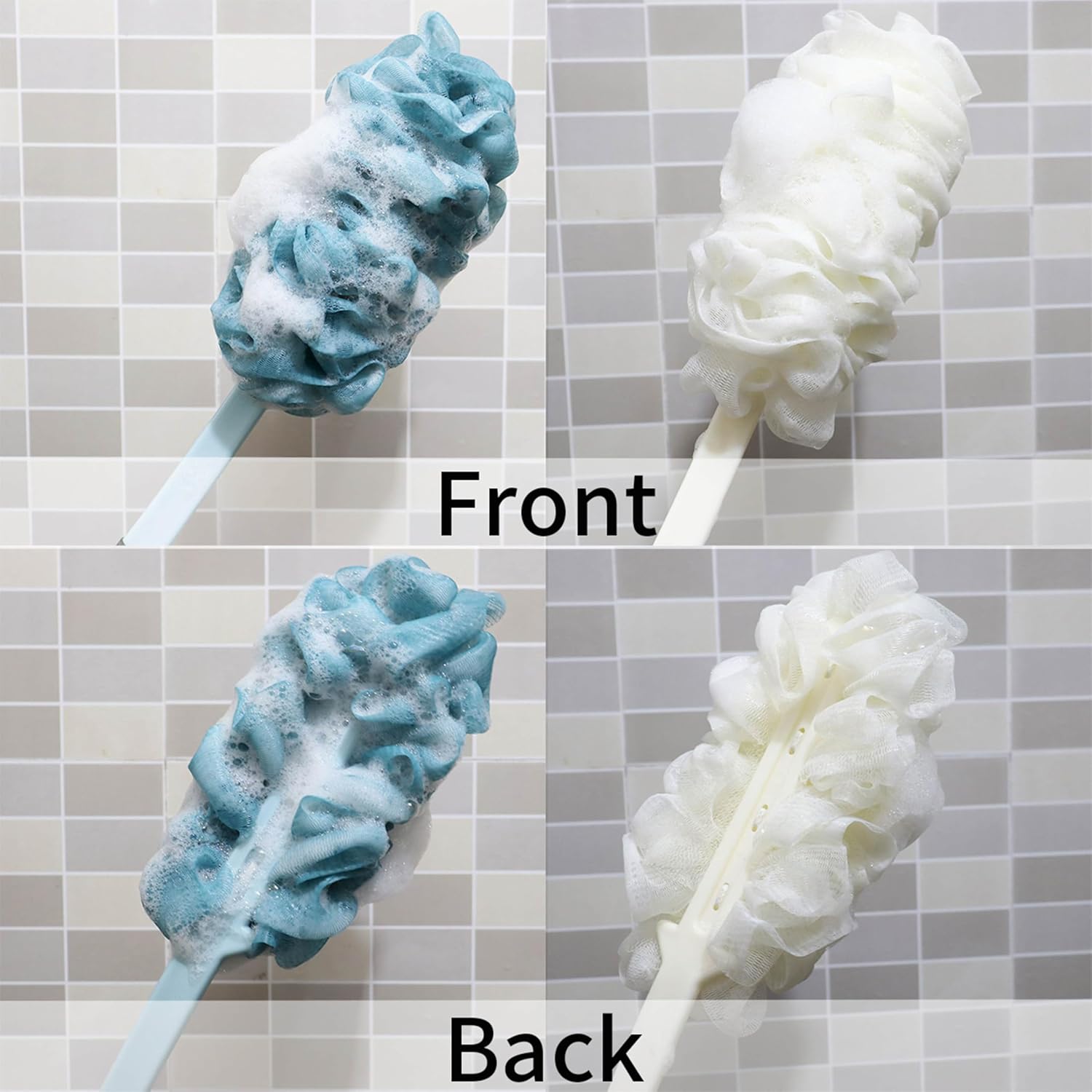 2Pack Back Scrubber for Shower, Loofah with Handle, Back Loofah Non-Slip Handle, Bath Body Brush, Scrub Cleaning Brush for Shower, Soft Mesh Sponge On a Stick for Men Women Elderly (Blue and White)
