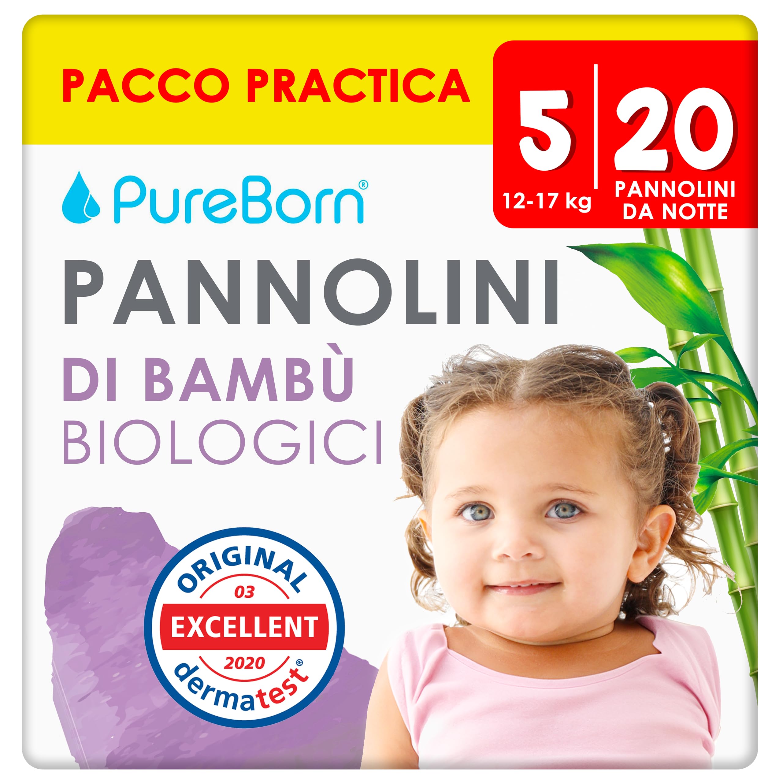 PureBorn Mutandina da Notte in Bambù, Taglia 5 (12-17 kg), 20 Pigiami Pannolini, Assorbimento Extra, Protezione Dalle Perdite per Tutta la Notte, Indicatore di Umidità