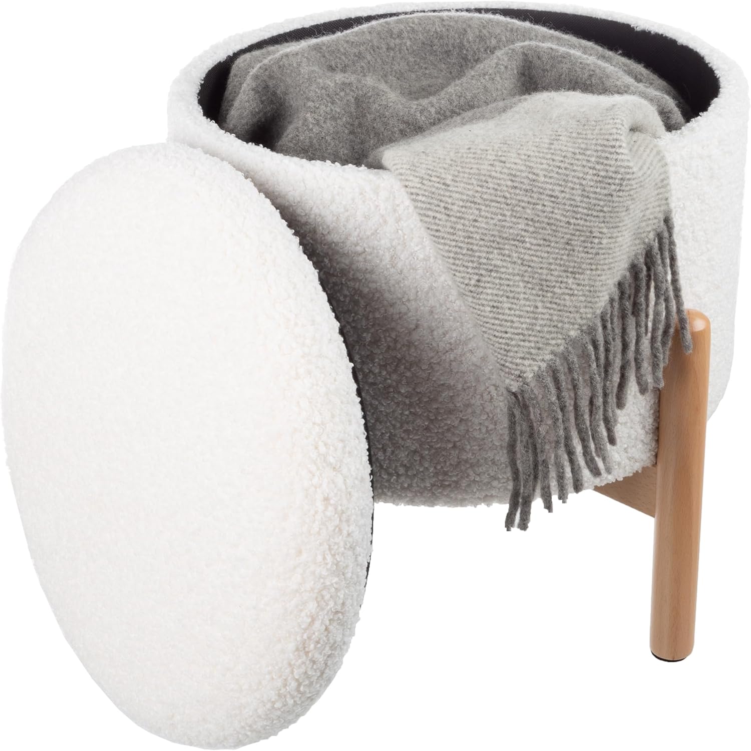 Lavish Home Round Sherpa Storage Ottoman Pouf with Removable Lid – Plush Couch Footrest & Hidden Organizer for Small Spaces, Dorm or Living Room (White)