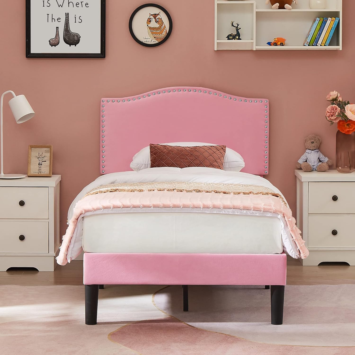 VECELO Twin Bed Frame, Platform Bed Frame with Adjustable Height Upholstered Headboard, Heavy-Duty Frames and Strong Wooden Slats Support, Non-Slip and Noise-Free, Easy Assembly, Pink