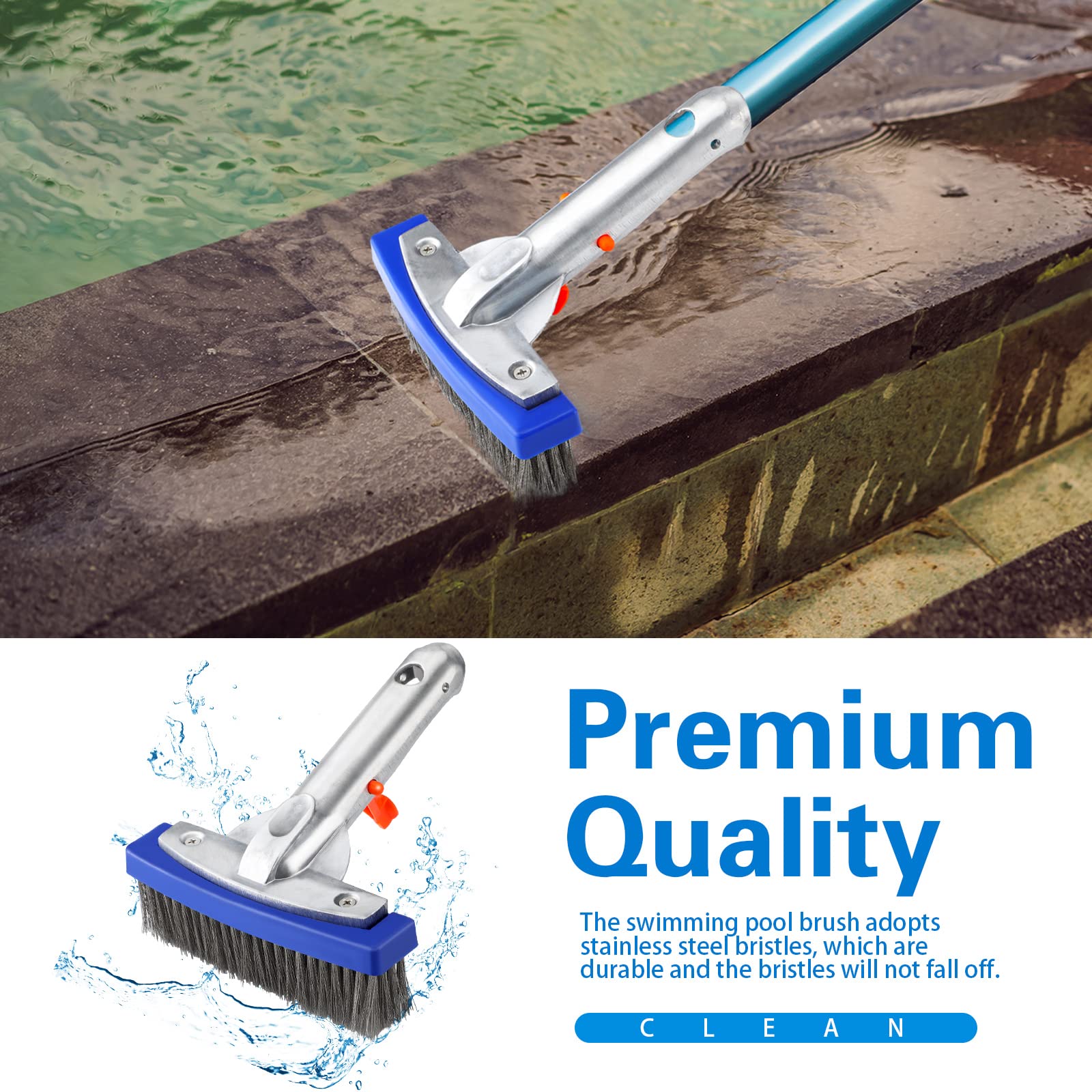 Gejoy Lot de 3 brosses de piscine de 14 cm en acier inoxydable très résistantes avec poignée en aluminium et poils en acier inoxydable pour nettoyer la piscine et s'adapter à la plupart des poteaux