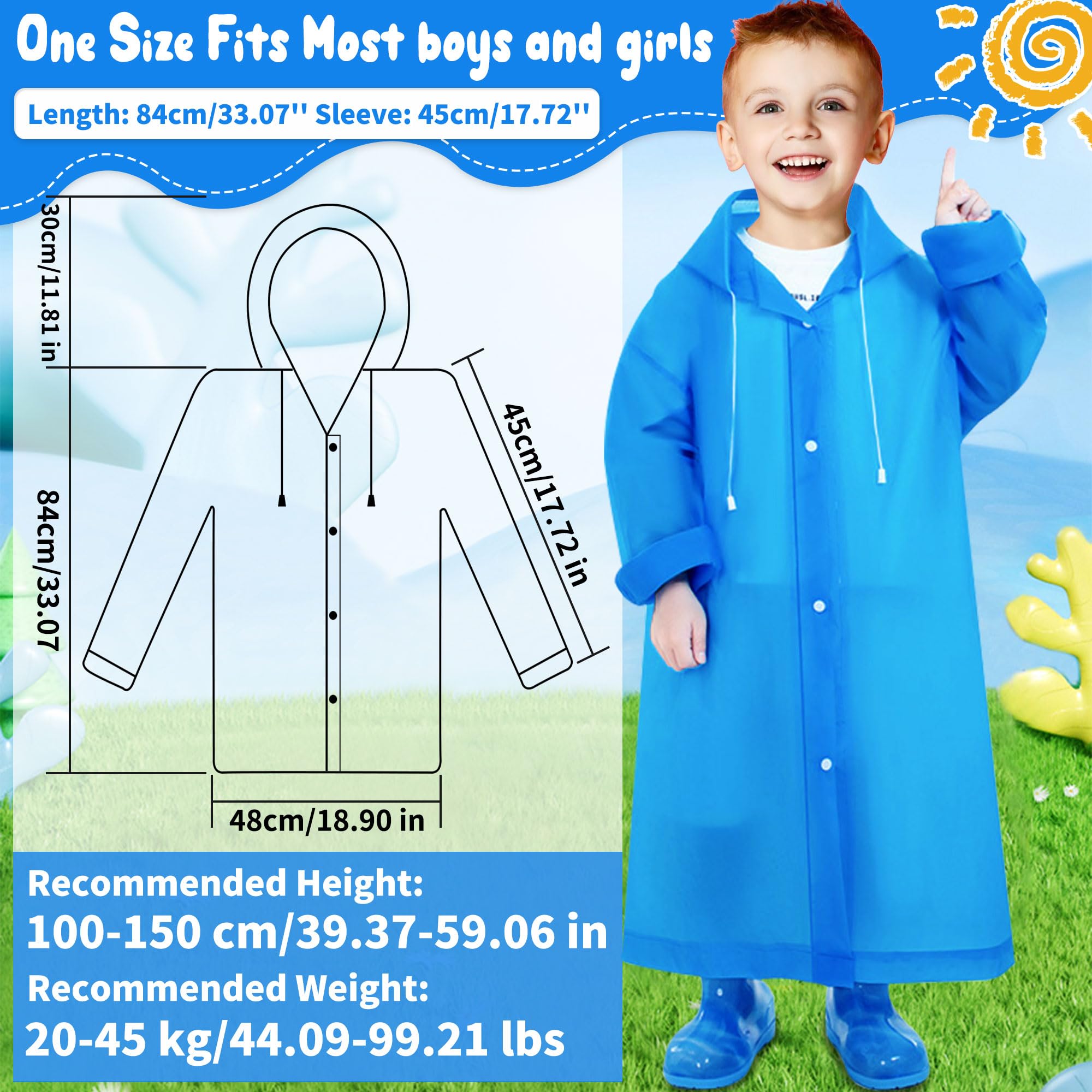 2 Pièces Imperméable pour Enfants en EVA, Réutilisable Manteau Poncho de Pluie avec Capuchon, Poncho Léger Combinaison de Pluie Vêtements de Pluie pour Garçons Filles