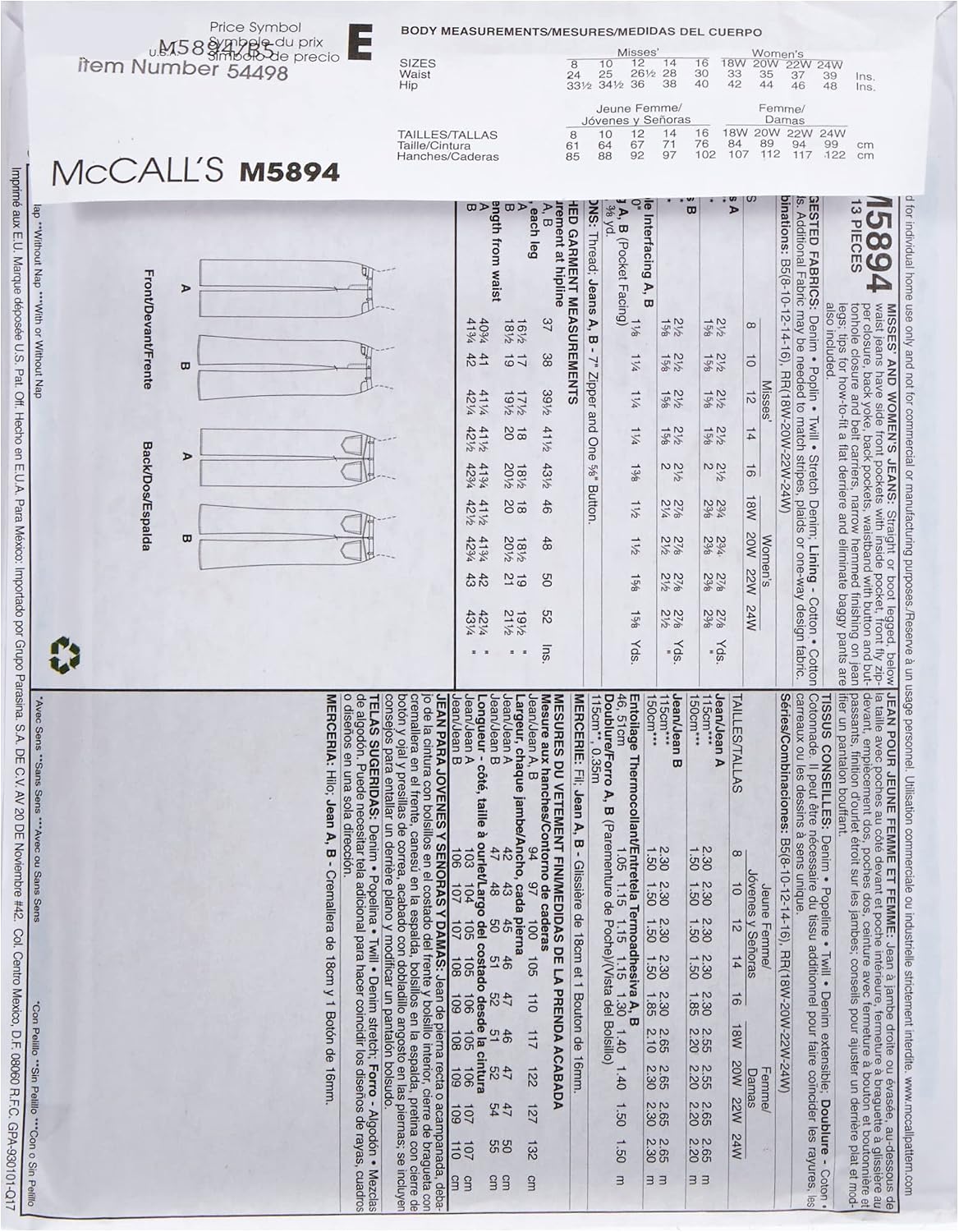McCall's Patterns M5894 Misses'/Women's Jeans, Size B5 (8-10-12-14-16) image 2