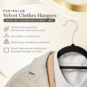 PORTENTUM Velvet Hangers, Pack of 10, Black. Accessory Holder, 360º Swivel Hook, Space Saving, Notches for Dresses, Non-slip Clothes Hangers, For all Types of Clothes, Made in Spain