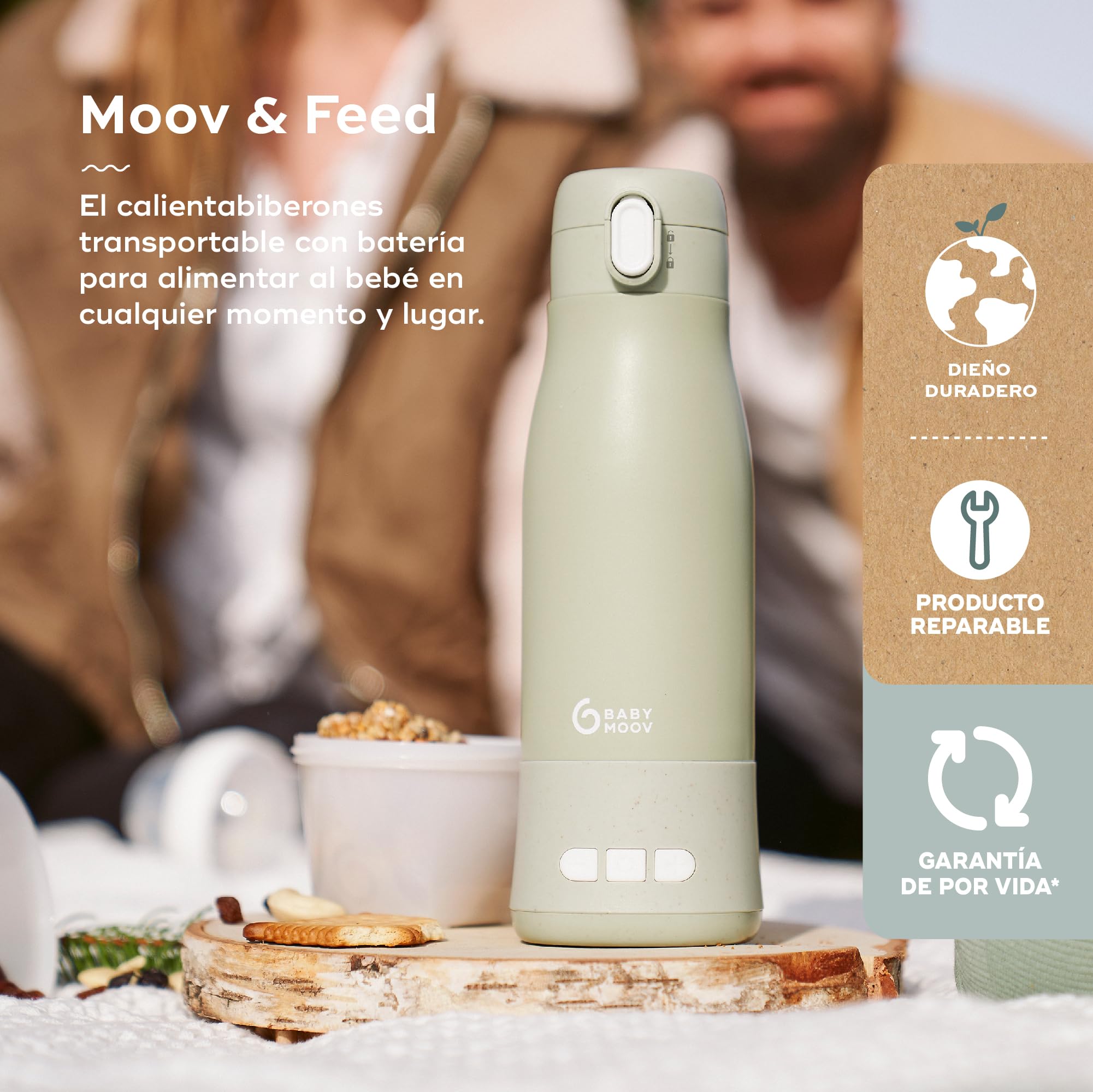 Babymoov Calientabiberones transportable inalámbrico Moov&Feed, Capacidad 340 ml, Agua o leche materna, Temperatura regulable, Mantenimiento en caliente (hasta 7h), Recarga USB, Sage green