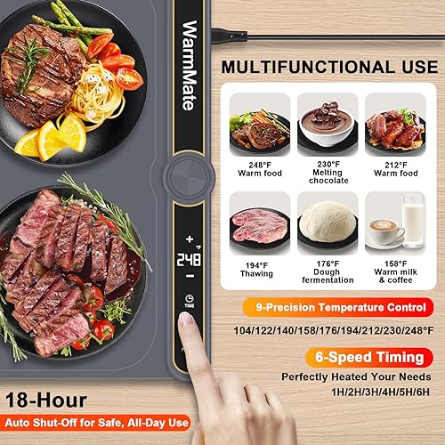 Miniatura 2 de Tapete de calentamiento de alimentos, bandeja de calentamiento eléctrica con control de precisión de temperatura de 9 niveles, temporizador de 6