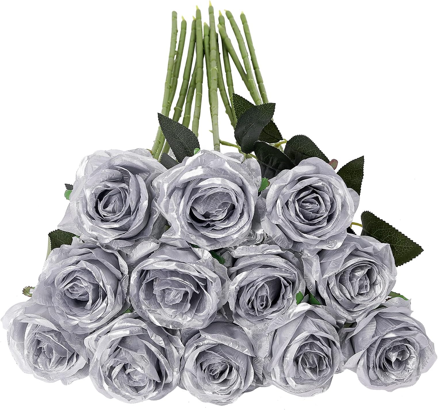 Tifuly 12 PCS Artificial Roses, 19.68'' Single Long Stem Fake Rose Silk Bridal Wedding Bouquet Realistic Flower for Home Garden Party Hotel Office Decor(Blossom Roses,Silver)