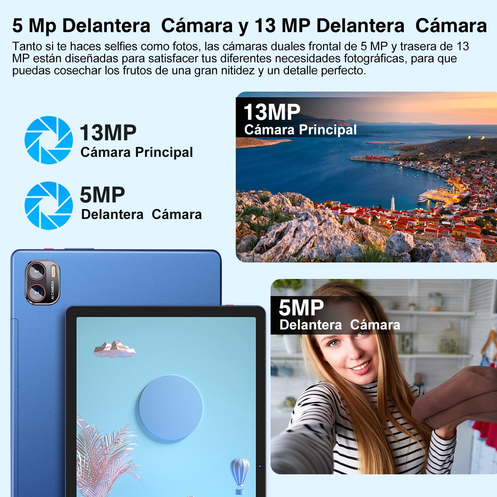 Tablet Pantalla 2K,16GB RAM + 256GB ROM + TF 1TB / 8600 mAh/Octa-Core 2.0 GHz/2000 x 1200 Pixels /5MP + 13MP/ 5G WiFi/Bluetooth 5.0,Tablet con Funda Azul