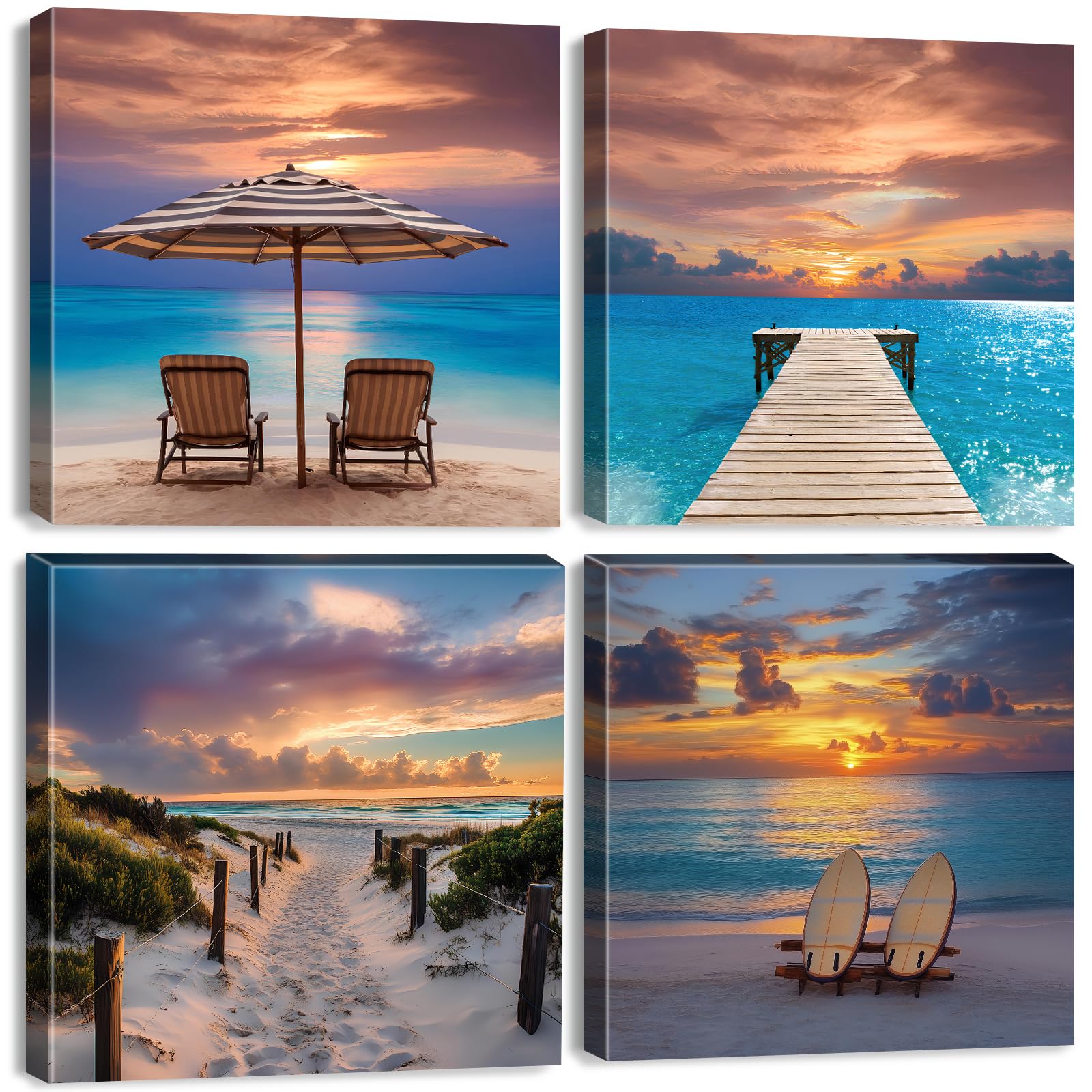 4 Pieces Beach Wall Art Coastal Canvas Prints Blue Ocean Pictures for Bathroom Living Room Decor Blue Seaside Scenery Wall Canvas Painting Modern Nature Seascape Artwork Home Decorations 30x30cm