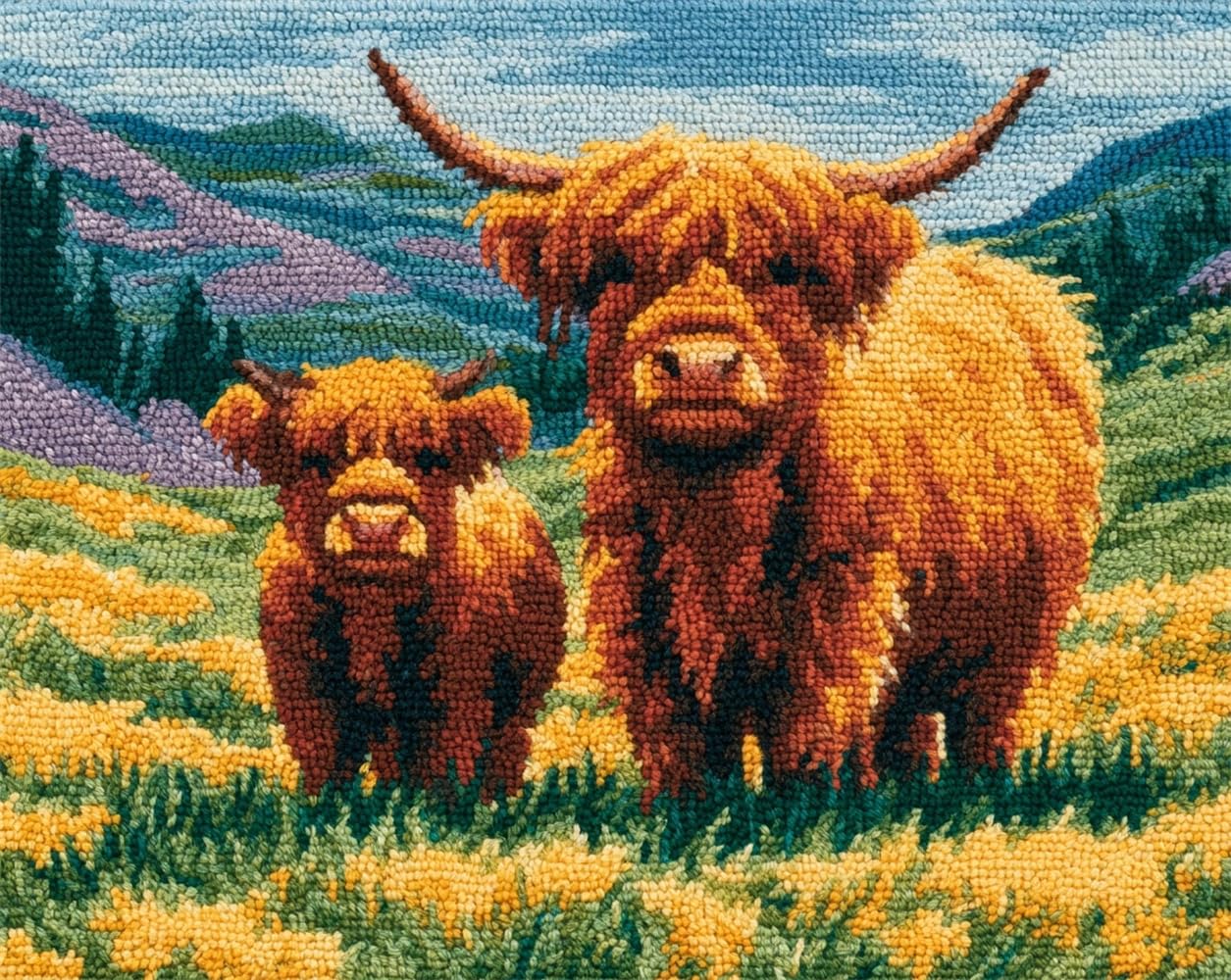 FWRTYCB Latch Hook Rug Kit,Highland Cattle in a Meadow