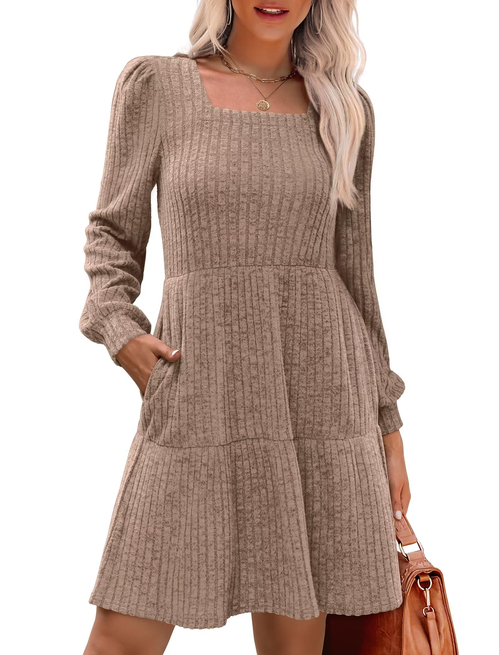 SAMPEEL Sweater Dresses Women Fall Clothing Trendy 2025 Square Neck A Line Wedding Guest Party Dress with Pocket
