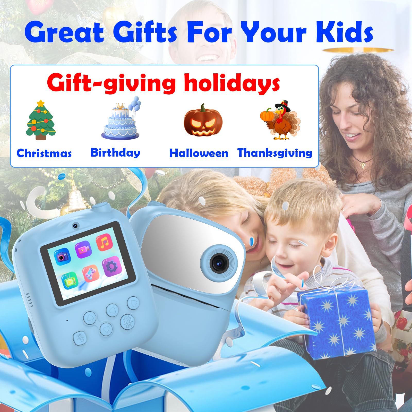 Nueva cámara para niños con impresión instantánea con espejo, cámara digital selfie de doble lente HD 1080P con 3 rollos de papel de impresión y tarjeta de 32 G, regalos de cumpleaños para