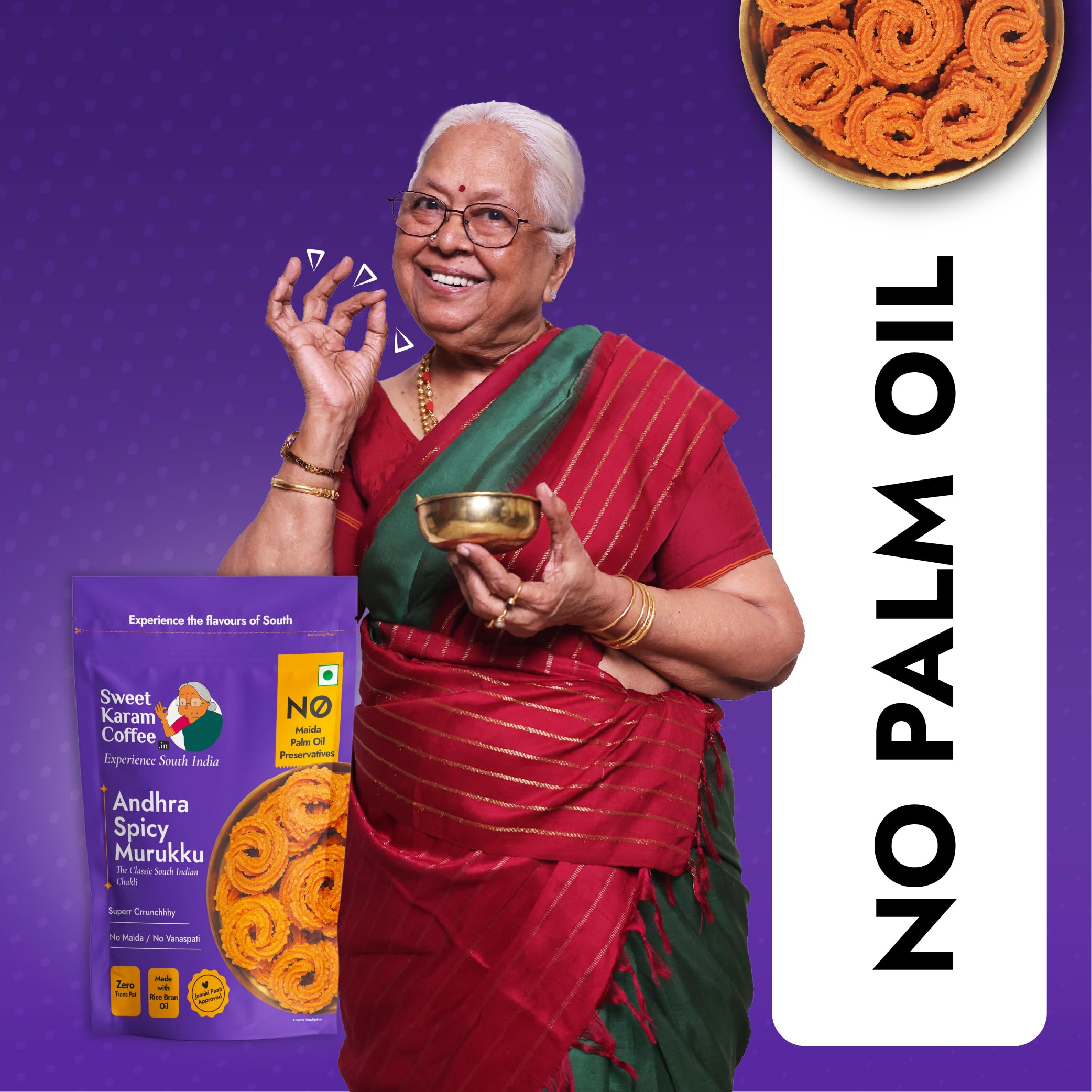 Sweet Karam Coffee Andhra Spicy Murukku β 500grams | No Palm Oil or Preservatives | South Indian Chakli Snack | Crispy & Spicy Tea-Time Namkeen | Homestyle Crunchy Treat 4