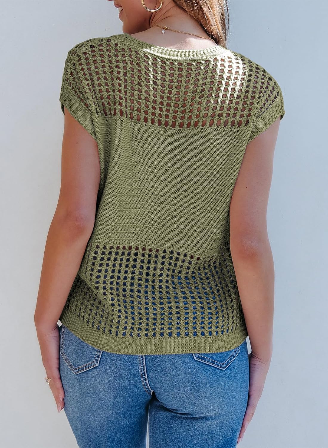 EVALESS Womens Tops Casual Summer Cap Short Sleeve Crochet Hollow Out Knit Sweater Vest Pullover T-Shirts Beach Coverup - Image 4