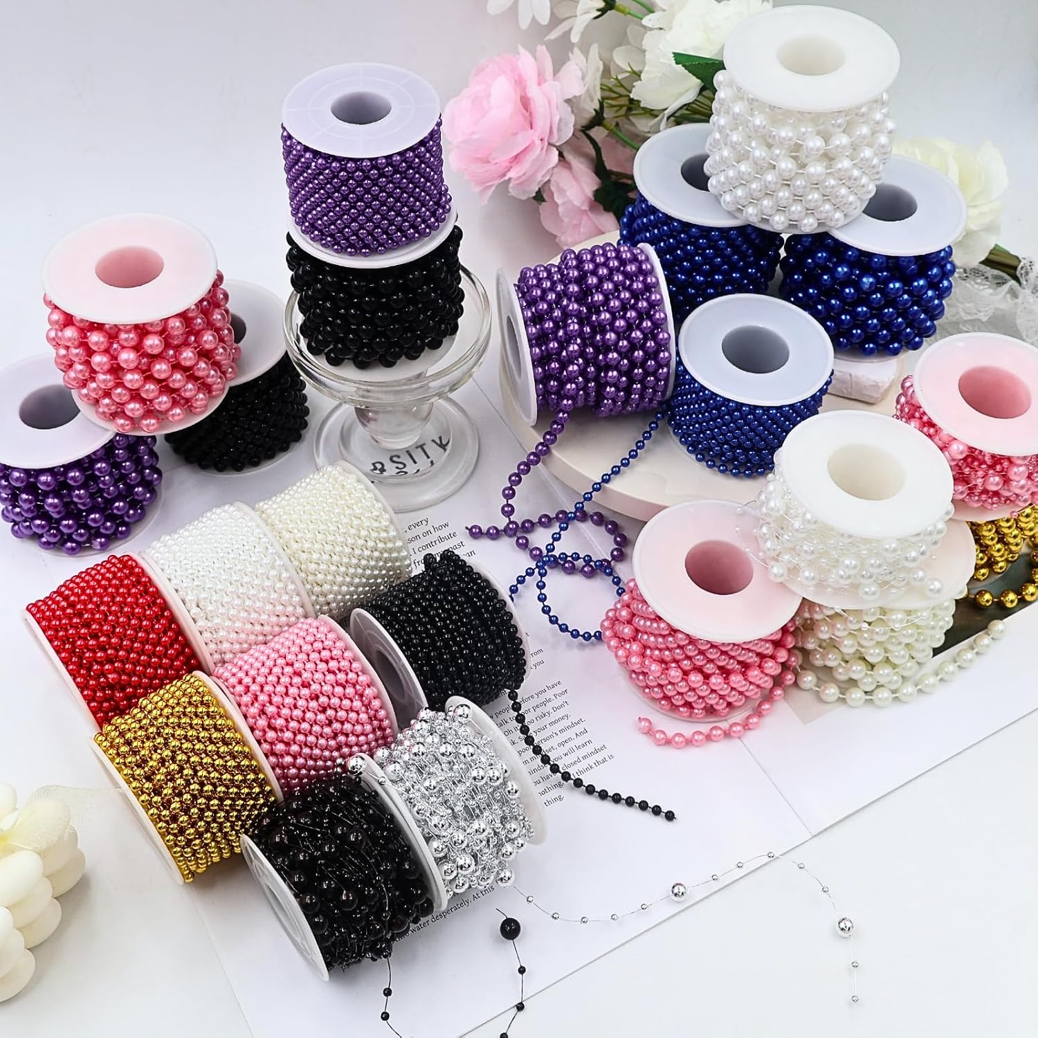 Bijou Joon 4 Rolls 88 Feet Pink Pearl String Pearl Garland Beaded Strands