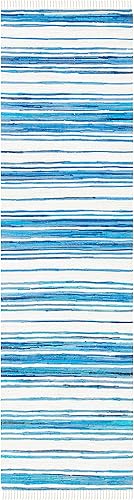 Miniatura 2 de SAFAVIEH Rag Rug Collection - Alfombra de pasillo de 2 pies 3 pulgadas x 7 pies, color marfil y azul, hecha a mano, de algodón a rayas, ideal para