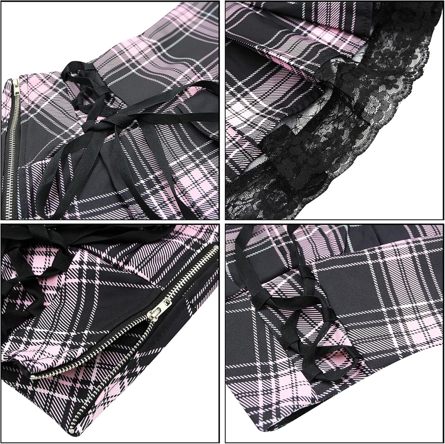 Suillty Women Girls High Waisted Gothic Pleated Skirt Plaid Lace Up A-Lined Mini Skirt Punk Lace Patchwork - Image 6