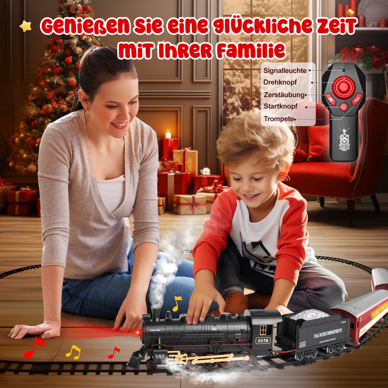 Hot Bee Elektrisch Weihnachtszug, Fernbedienung Dampflok Kinder mit Licht, Sound & Dampf, Strecken, Kinder & Erwachsene, Zug Spielzeug