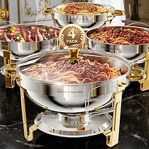 Chafing Dish Buffet Set Of 4 Pack, 5 QT Silver/Gold Round Catering Warmer Set With Food And Water Trays, Stainless Steel Chafing Dishes With Glass Lid & Holder For Event Party Holiday