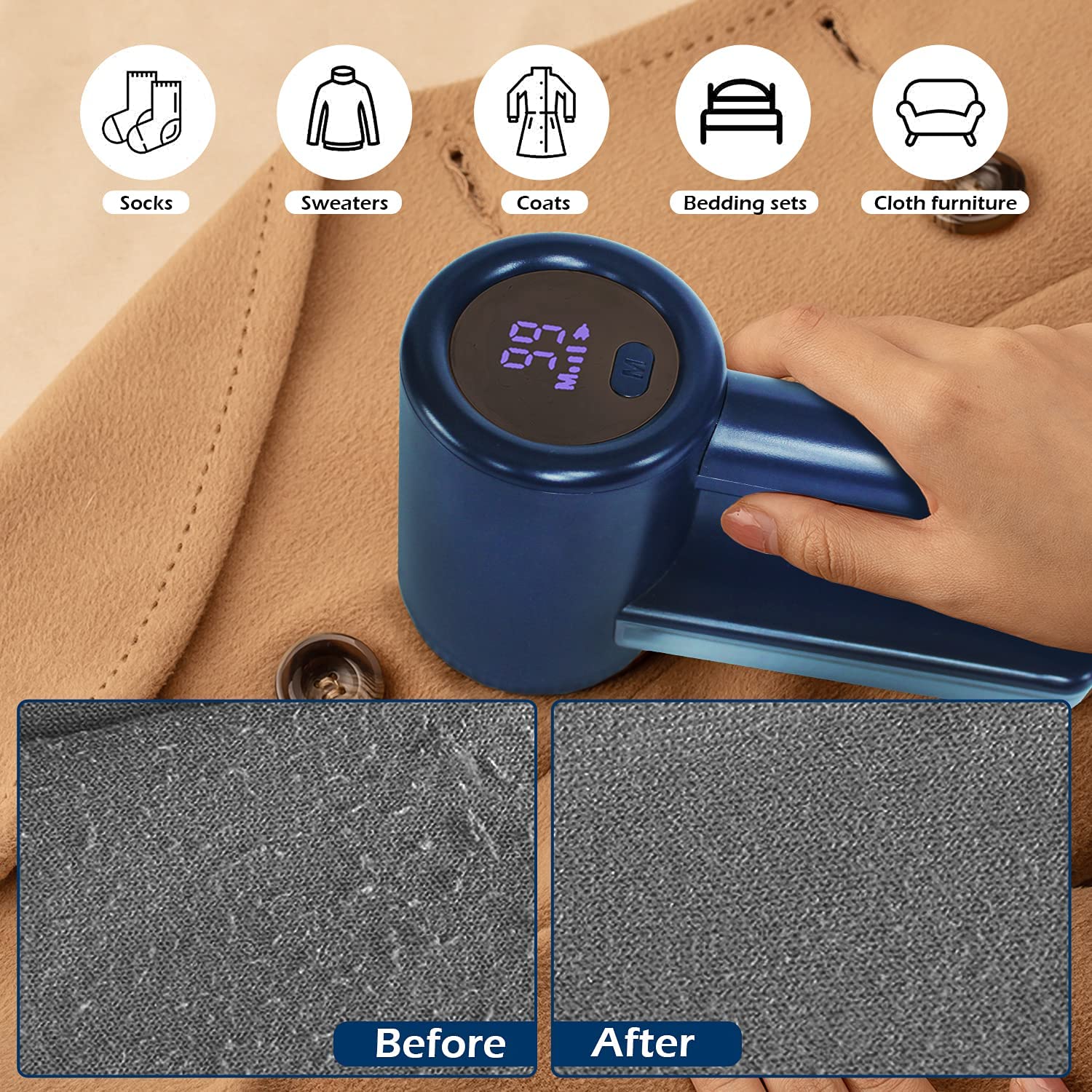 iRUNTEK Rechargeable Fabric Shaver, Electric Commercial Lint Remover with LED Display & Big Trash Box, 3-Speeds for Removing Fuzz and Pill from Clothes, Furniture, Sweater, Couch and Blanket, Navy