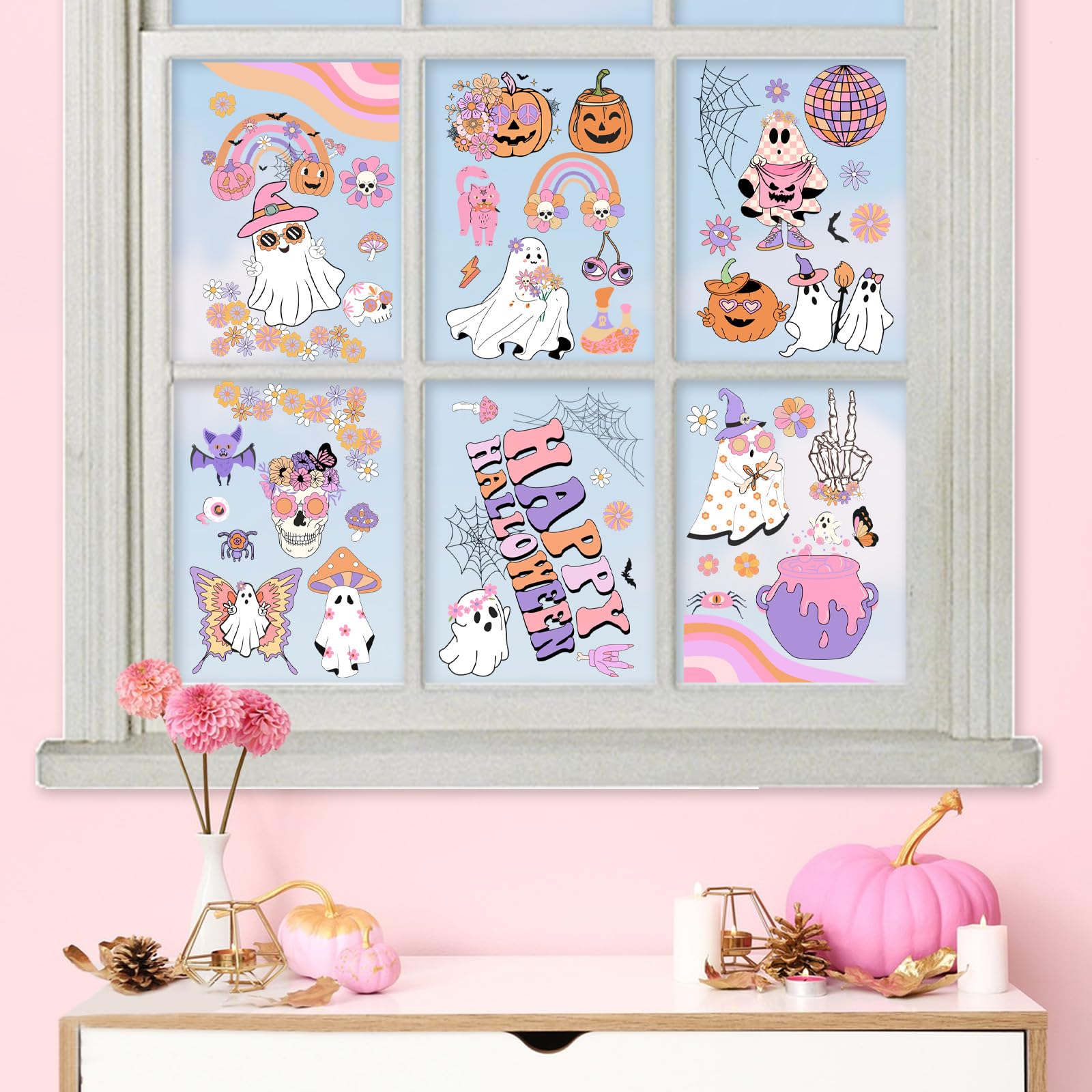 Kreatwow Halloween Groovy Party Decoration 6Pcs Halloween Groovy Window Clings Halloween Window Decorations Happy Halloween Double-Printed Hippie Ghost Boho Rainbow Pumpkin Decal for Home Party