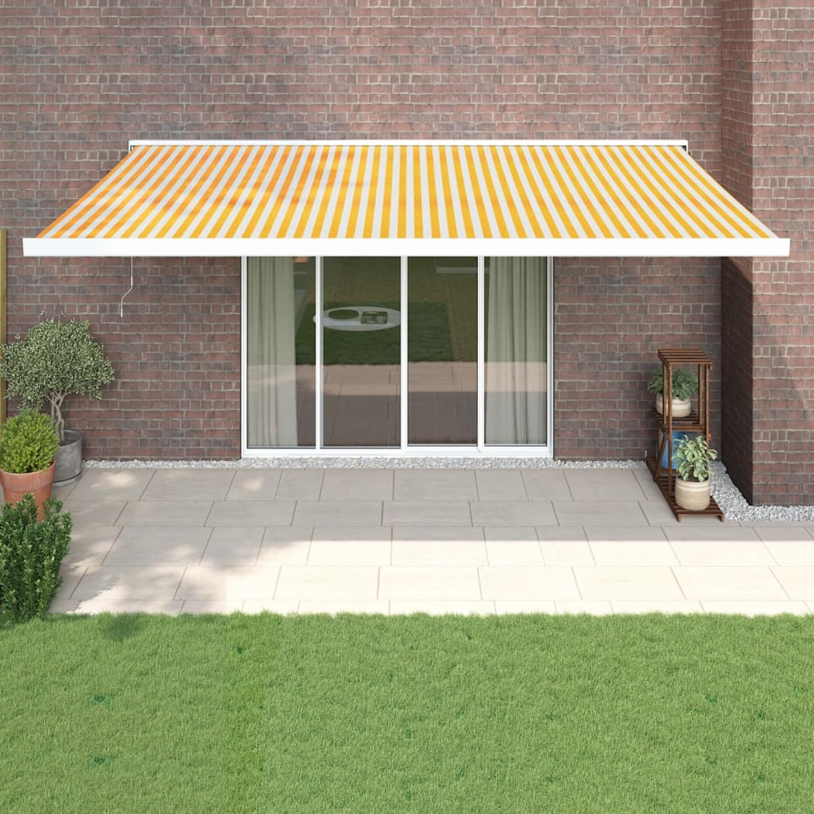 Tenda da sole retrattile 5 x 3 m, giallo-bianco, tessuto in poliestere con rivestimento in PU e telaio in alluminio verniciato a polvere, per terrazza, balcone, caffetteria