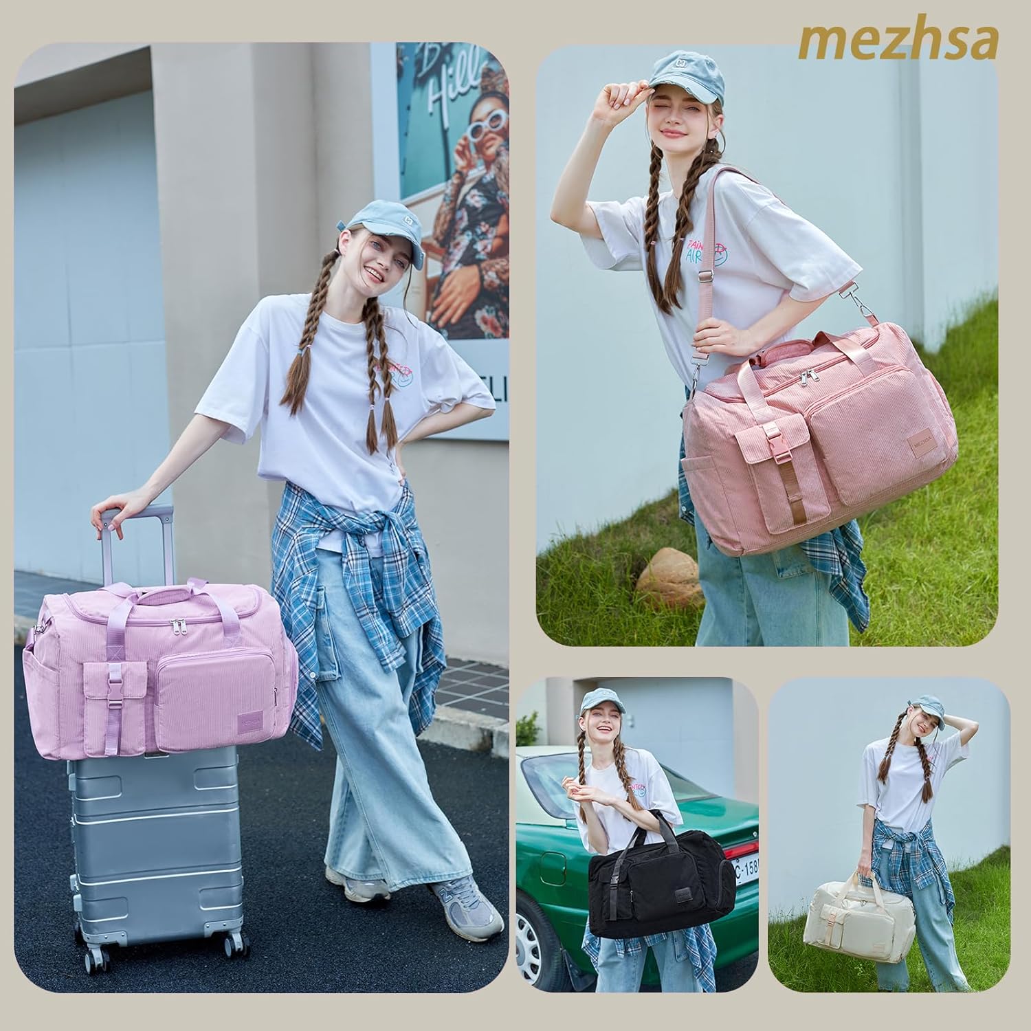 Girls Duffle Bag Woman Corduroy Travel Bag Kids Sports Duffel Bags With Shoe Compartment Wet Pocket (pink) - Image 2