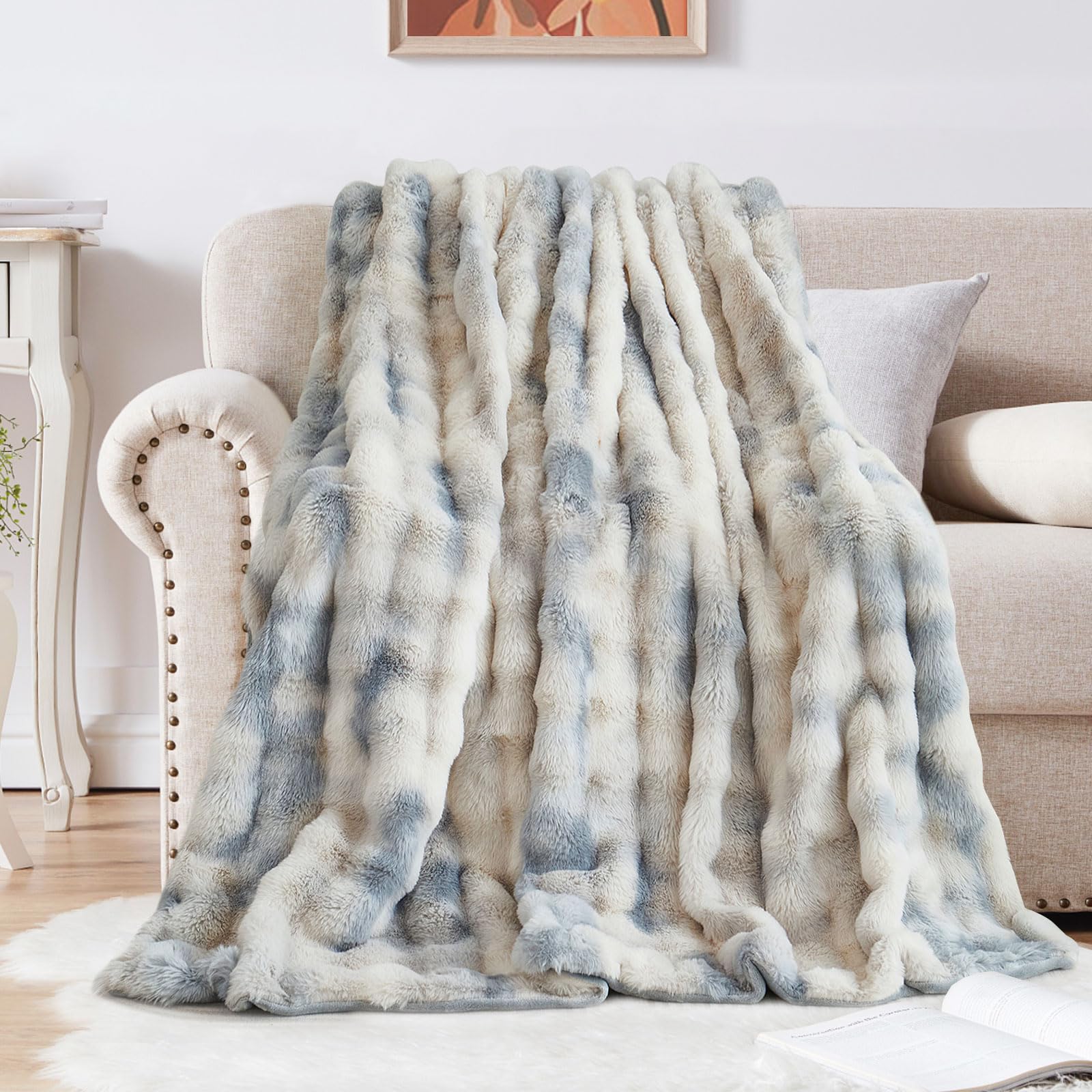 Kuscheldecke Kaninchen Plüsch Decke Super Soft Wohndecke Dick 1000 G/M² Flanell Decke Warme Überwurfdecke Sofadecke Vielseitig Blanket Für Bett Sofa Schlafzimmer Büro Tie Dye Blau 180 x 230cm