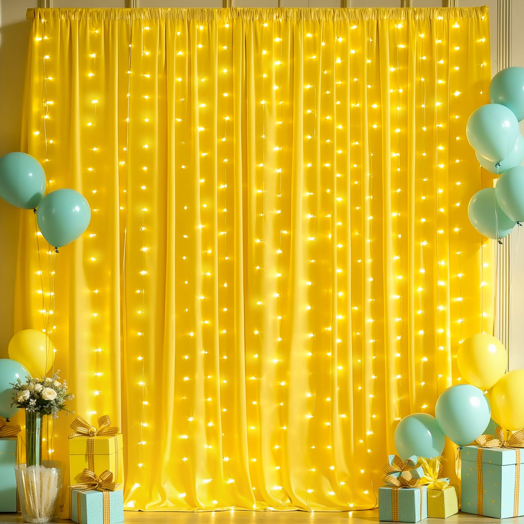 10x10ft Yellow Backdrop Curtains with Lights Wrinkle Free Fabric Backdrop Curtain for Wedding Birthday Party Baby Shower Photo Shoot Bridal Shower