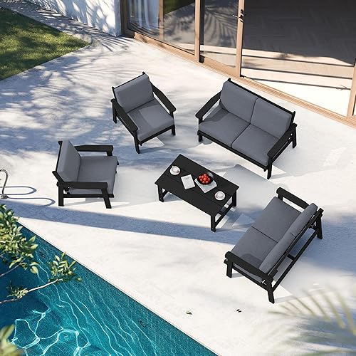 Miniatura 9 de SERWALL HDPE - Juego de muebles de patio de 5 piezas para todo tipo de clima, juego de muebles seccionales de exterior similares a la madera, sofá