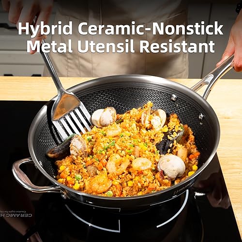 Miniatura 3 de DELUXE Wok de cerámica híbrida antiadherente de 12 pulgadas, mango que se mantiene fresco, apto para horno de lavavajillas, listo para inducción,