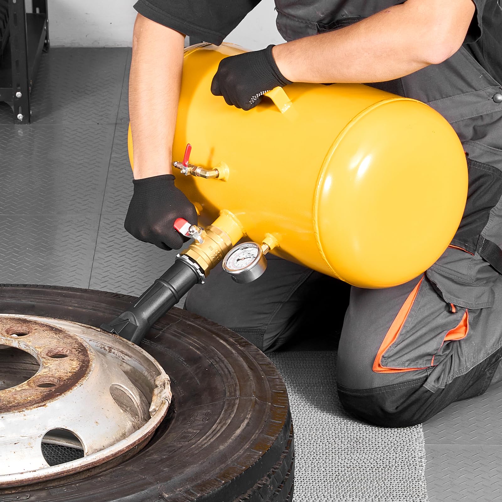 VEVOR Strumento per Rimozione dei Talloni dei Pneumatici per Impieghi Gravosi, Pressione 0,6 a 0,8 MP, 37,9 L, Gonfiatore ad Aria Compressa per ATV, Trattori, Pick-Up, Camion, Jeep, Giallo