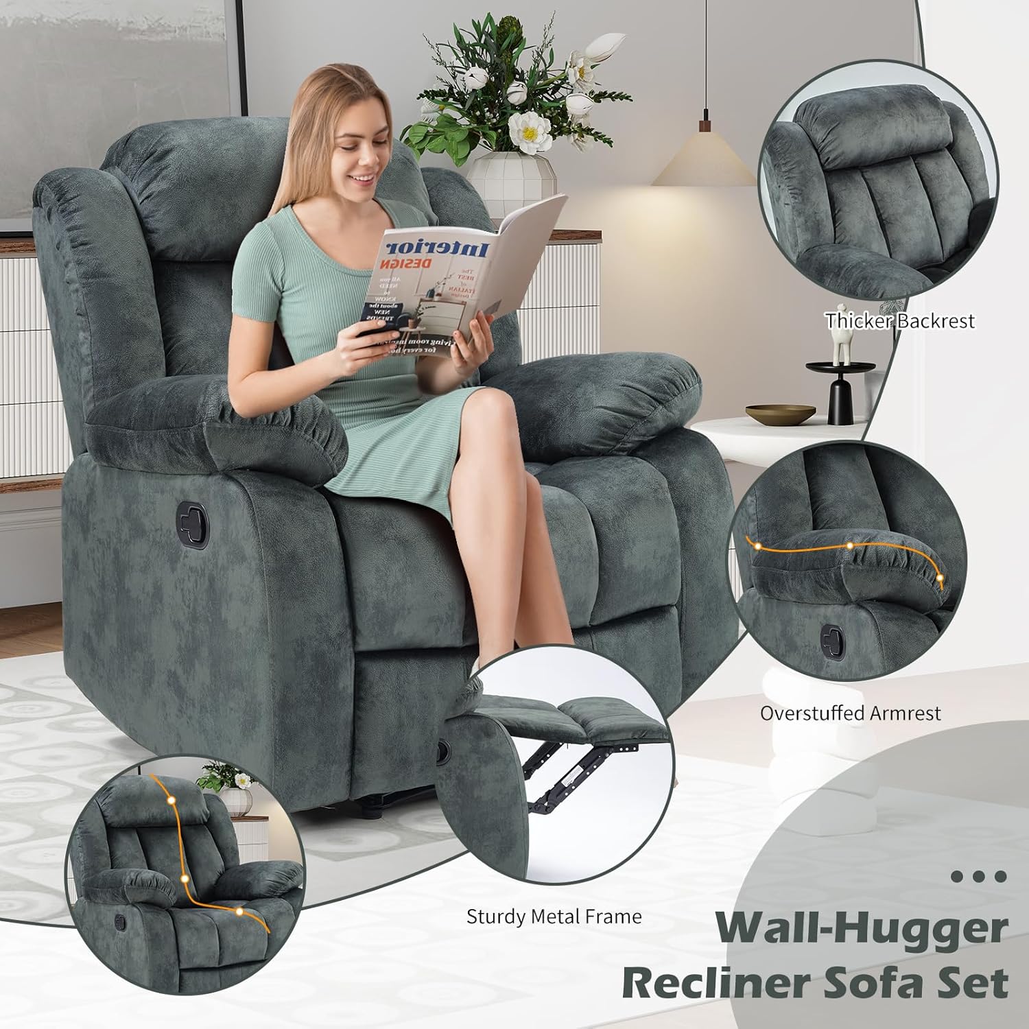 INZOY Manual Recliner Chair with Padded Armrest, Wall-Hugger Single Sofa Recliners with Overstuffed Back, Classical Fabric Reclining Chairs for Living Room Theater Seating, Grey