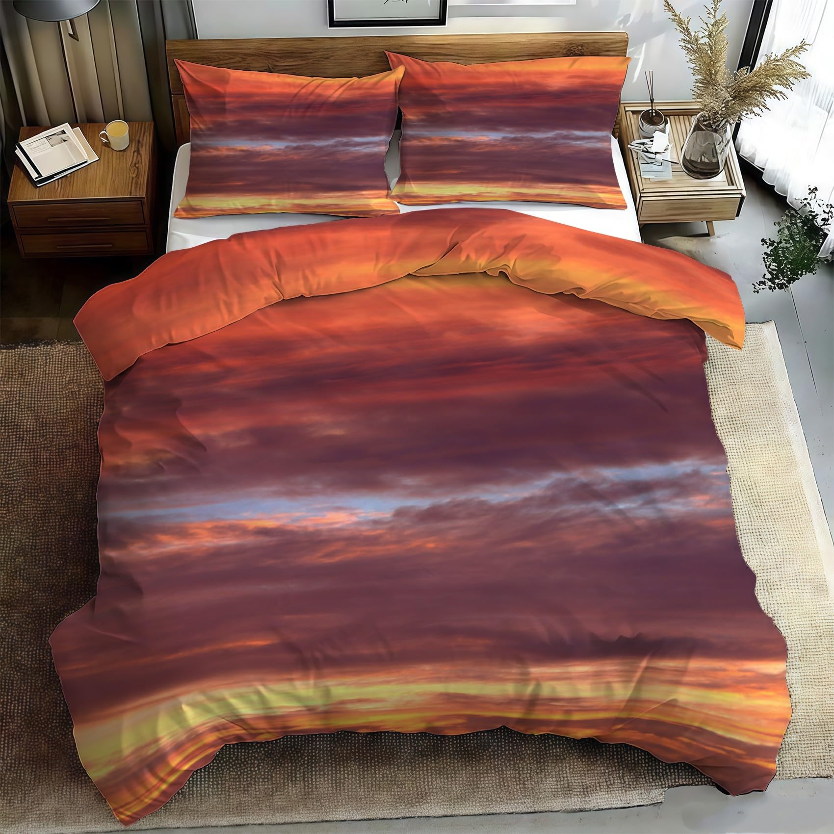 Housse de couette 240x260 nuages flamboyants parure de lit zippée anti-plis